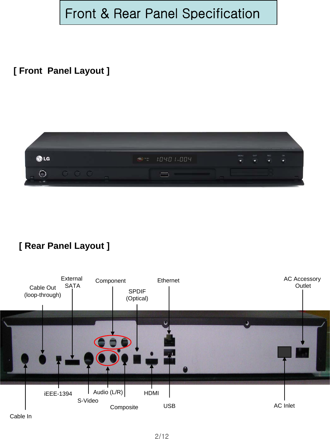 Front &amp; Rear Panel Specification [ Front  Panel Layout ][ Rear Panel Layout ]2/12 Cable InCable Out(loop-through)Ethernet S-Video CompositeComponentSPDIF(Optical)HDMIAC AccessoryOutletAudio (L/R)USBiEEE-1394External SATAAC Inlet