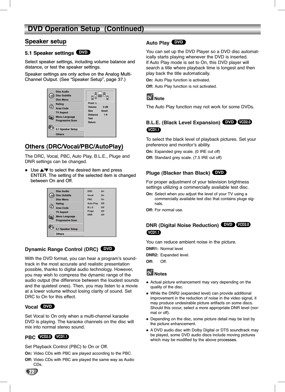 22DVD Operation Setup  (Continued)Speaker setup5.1 Speaker settings Select speaker settings, including volume balance anddistance, or test the speaker settings.Speaker settings are only active on the Analog Multi-Channel Output. (See “Speaker Setup”, page 37.)Others (DRC/Vocal/PBC/AutoPlay)The DRC, Vocal, PBC, Auto Play, B.L.E., Pluge andDNR settings can be changed.Use 33/44to select the desired item and pressENTER. The setting of the selected item is changedbetween On and Off.Dynamic Range Control (DRC)With the DVD format, you can hear a program’s sound-track in the most accurate and realistic presentationpossible, thanks to digital audio technology. However,you may wish to compress the dynamic range of theaudio output (the difference between the loudest soundsand the quietest ones). Then, you may listen to a movieat a lower volume without losing clarity of sound. SetDRC to On for this effect.VocalSet Vocal to On only when a multi-channel karaokeDVD is playing. The karaoke channels on the disc willmix into normal stereo sound.PBCSet Playback Control (PBC) to On or Off.On: Video CDs with PBC are played according to the PBC.Off: Video CDs with PBC are played the same way as AudioCDs.Auto Play You can set up the DVD Player so a DVD disc automat-ically starts playing whenever the DVD is inserted. If Auto Play mode is set to On, this DVD player willsearch a title where playback time is longest and thenplay back the title automatically. On: Auto Play function is activated.Off: Auto Play function is not activated.NoteThe Auto Play function may not work for some DVDs.B.L.E. (Black Level Expansion) To  select the black level of playback pictures. Set yourpreference and monitor’s ability.On: Expanded grey scale. (0 IRE cut off)Off: Standard grey scale. (7.5 IRE cut off)Pluge (Blacker than Black) For proper adjustment of your television brightness settings utilizing a commercially available test disc.On: Select when you adjust the level of your TV using a commercially available test disc that contains pluge sig-nals.Off: For normal use.DNR (Digital Noise Reduction) You can reduce ambient noise in the picture.DNR1: Normal levelDNR2: Expanded level.Off: Off.NotesActual picture enhancement may vary depending on thequality of the disc.While the DNR2 (expanded level) can provide additionalimprovement in the reduction of noise in the video signal, itmay produce undesirable picture artifacts on some discs.Should this occur, select a more appropriate DNR level (nor-mal or off).Depending on the disc, some picture detail may be lost bythe picture enhancement.ADVD audio disc with Dolby Digital or DTS soundtrack maybe played, some DVD audio discs include moving pictureswhich may be modified by the above processes.VCD1.1VCD2.0DVDDVDVCD1.1VCD2.0DVDDVDVCD1.1VCD2.0DVDDVDDVDDisc SubtitleDisc MenuRatingArea CodeTV AspectMenu LanguageProgressive Scan5.1 Speaker SetupOthersDisc AudioDisc SubtitleDisc MenuRatingArea CodeTV AspectMenu LanguageProgressive Scan5.1 Speaker SetupOthersDisc AudioR RFront  LVolume          0 dBSize             SmallDistance         1 ftTestReturn