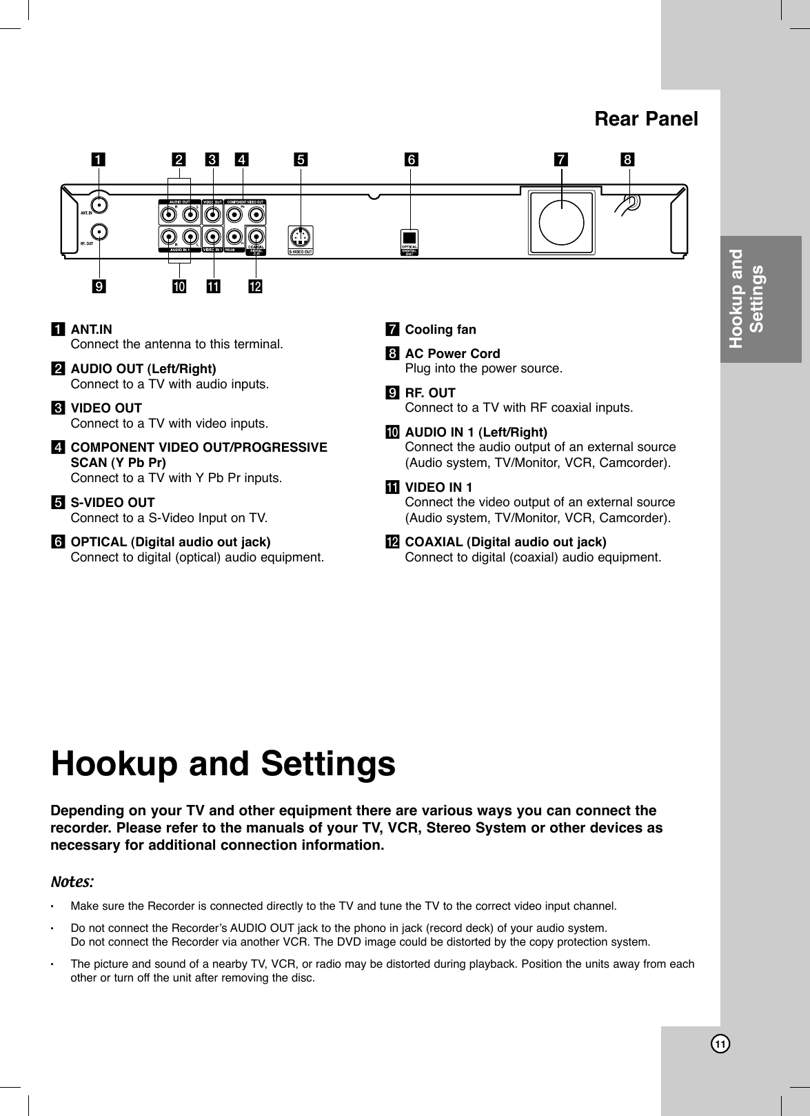 11Hookup andSettingsaANT.INConnect the antenna to this terminal.bAUDIO OUT (Left/Right)Connect to a TV with audio inputs.cVIDEO OUTConnect to a TV with video inputs.dCOMPONENT VIDEO OUT/PROGRESSIVESCAN (Y Pb Pr)Connect to a TV with Y Pb Pr inputs.eS-VIDEO OUTConnect to a S-Video Input on TV.fOPTICAL (Digital audio out jack) Connect to digital (optical) audio equipment.gCooling fanhAC Power CordPlug into the power source.iRF. OUTConnect to a TV with RF coaxial inputs.jAUDIO IN 1 (Left/Right)Connect the audio output of an external source(Audio system, TV/Monitor, VCR, Camcorder).kVIDEO IN 1Connect the video output of an external source(Audio system, TV/Monitor, VCR, Camcorder).lCOAXIAL (Digital audio out jack) Connect to digital (coaxial) audio equipment.abcde f ghijklRear PanelHookup and SettingsDepending on your TV and other equipment there are various ways you can connect therecorder. Please refer to the manuals of your TV, VCR, Stereo System or other devices asnecessary for additional connection information.Notes:•Make sure the Recorder is connected directly to the TV and tune the TV to the correct video input channel. •Do not connect the Recorder’s AUDIO OUT jack to the phono in jack (record deck) of your audio system. Do not connect the Recorder via another VCR. The DVD image could be distorted by the copy protection system. •The picture and sound of a nearby TV, VCR, or radio may be distorted during playback. Position the units away from eachother or turn off the unit after removing the disc.