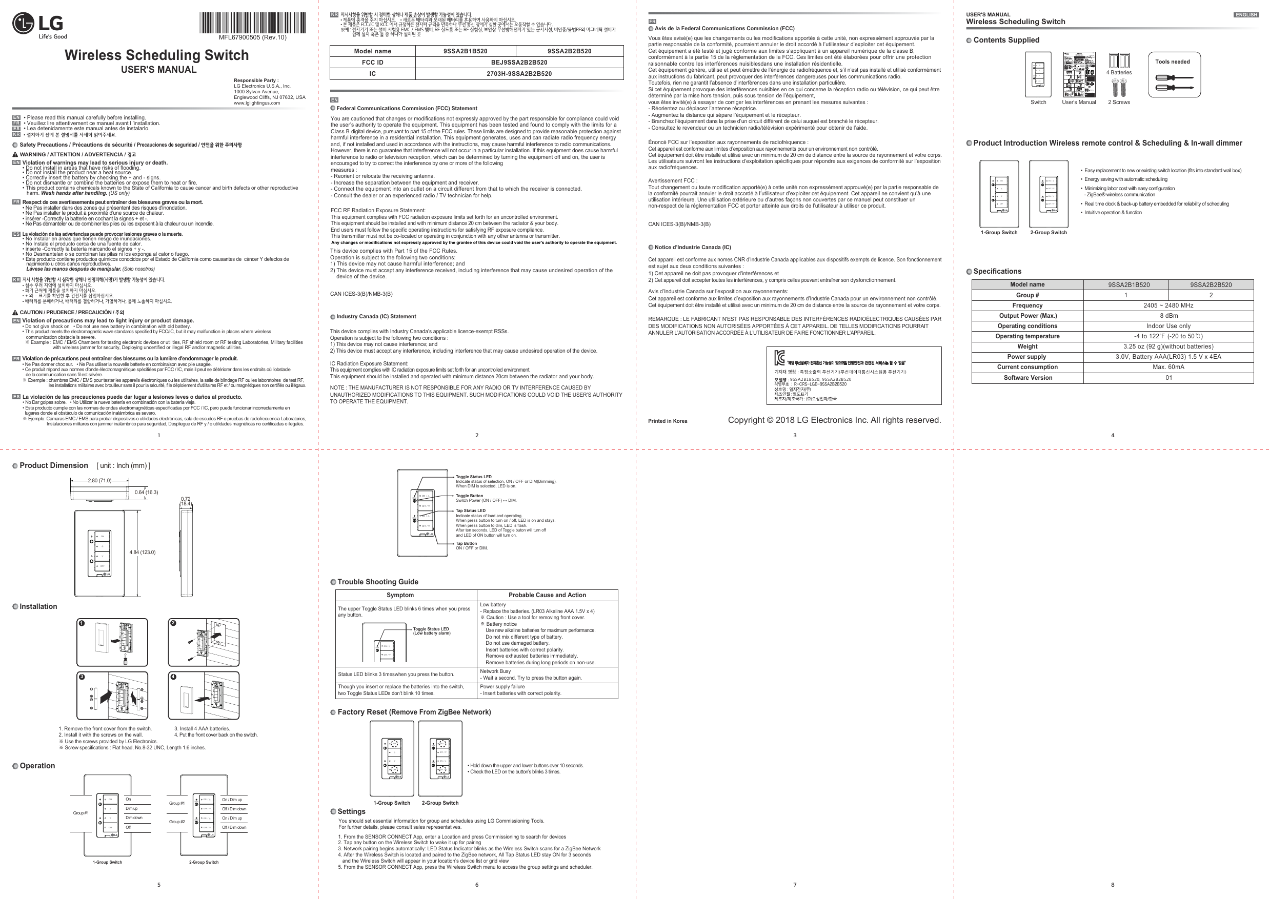 Page 1 of LG Electronics USA 9SSA2B2B520 Wireless Scheduling Switch User Manual 