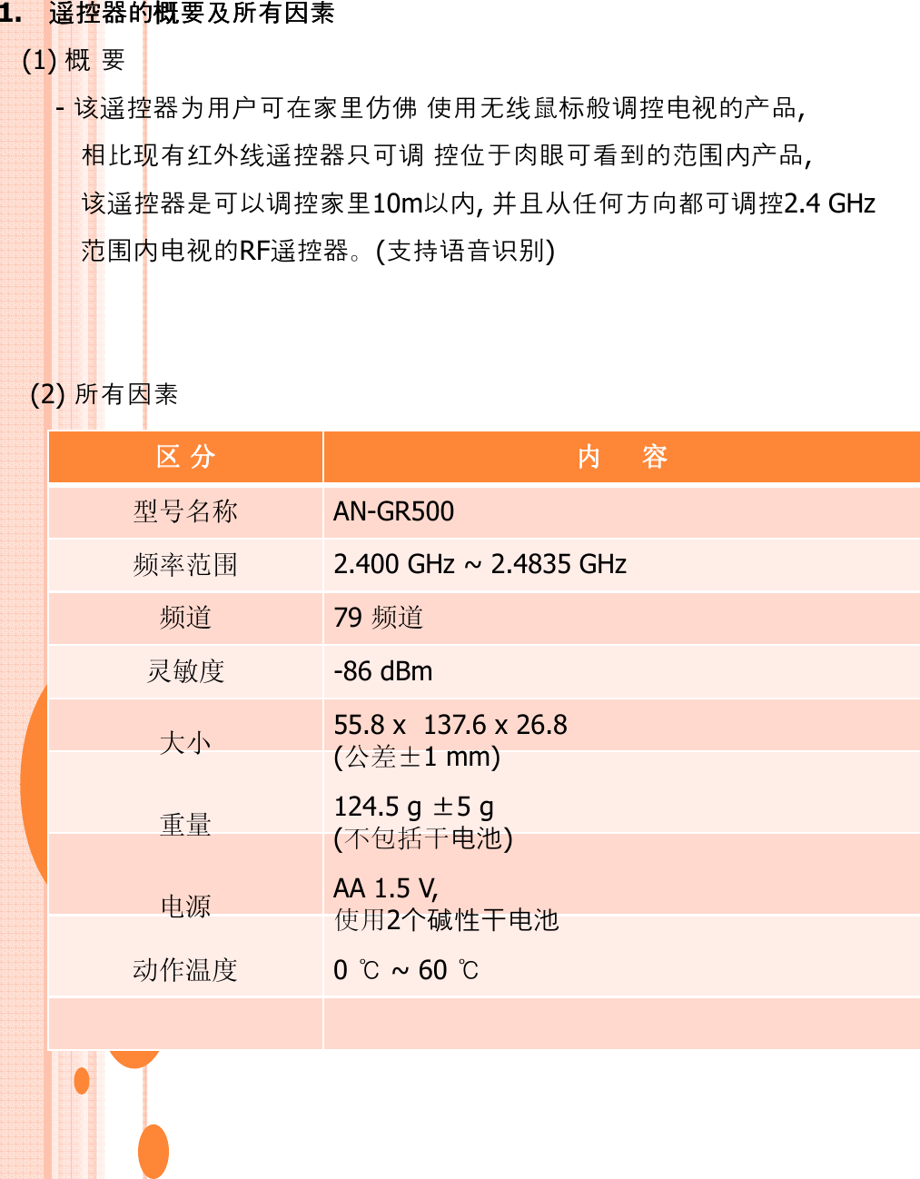 1. 󰊍󰊍󰊍󰊍控控控控概概概概(1) 概-󰊍控为户可家 标控产, 现󰊍控可控可看围内产, 󰊍控可控家10m内, 并从可控2.4 GHz 围内RF󰊍控。(别)(2) 区区区区 分分分分 内内内内 容容容容型号名称 AN-GR500频率范围 2.400 GHz ~ 2.4835 GHz频道 79 频道灵敏度 -86 dBm大小 55.8 x 137.6 x 26.8(公差±1 mm)重量 124.5 g ±5 g(括干池)电源 AA 1.5 V,2个性干池动作温度 0 ℃~ 60 ℃