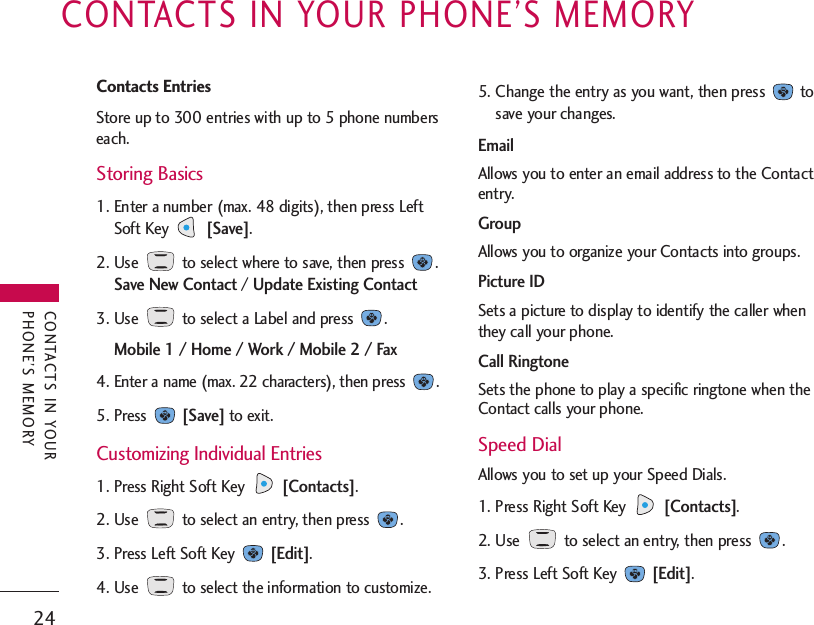24CONTACTS IN YOUR PHONE’S MEMORYCONTACTS IN YOURPHONE’S MEMORYContacts EntriesStore up to 300 entries with up to 5 phone numberseach.Storing Basics1. Enter a number (max. 48 digits), then press LeftSoft Key [Save].2. Use  to select where to save, then press  .Save New Contact/ Update Existing Contact3. Use  to select a Label and press  .Mobile 1 / Home / Work / Mobile 2 / Fax4. Enter a name (max. 22 characters), then press  .5. Press [Save]to exit.Customizing Individual Entries1. Press Right Soft Key [Contacts].2. Use  to select an entry, then press  .3. Press Left Soft Key [Edit].4. Use  to select the information to customize.5. Change the entry as you want, then press  tosave your changes.EmailAllows you to enter an email address to the Contactentry.GroupAllows you to organize your Contacts into groups.Picture IDSets a picture to display to identify the caller whenthey call your phone.Call RingtoneSets the phone to play a specific ringtone when theContact calls your phone.Speed DialAllows you to set up your Speed Dials.1. Press Right Soft Key [Contacts].2. Use  to select an entry, then press  .3. Press Left Soft Key [Edit].