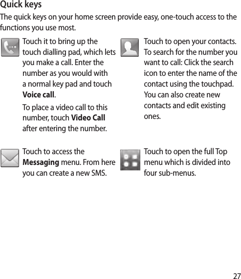 27Quick keysThe quick keys on your home screen provide easy, one-touch access to the functions you use most.Touch it to bring up the touch dialling pad, which lets you make a call. Enter the number as you would with a normal key pad and touch Voice call.To place a video call to this number, touch Video Call after entering the number.Touch to open your contacts. To search for the number you want to call: Click the search icon to enter the name of the contact using the touchpad. You can also create new contacts and edit existing ones. Touch to access the Messaging menu. From here you can create a new SMS. Touch to open the full Top menu which is divided into four sub-menus. 