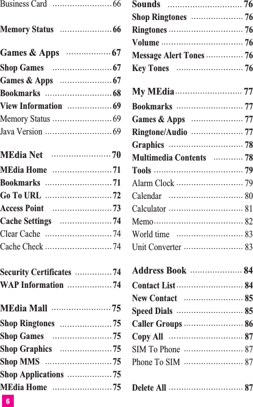 6Business Card 66Memory Status 66Games &amp; Apps 67Shop Games 67Games &amp; Apps 67Bookmarks 68View Information 69Memory Status 69Java Version 69MEdia Net 70MEdia Home 71Bookmarks 71Go To URL 72Access Point 73Cache Settings 74Clear Cache 74Cache Check 74Security Certificates 74WAP Information 74MEdia Mall 75Shop Ringtones 75Shop Games 75Shop Graphics 75Shop MMS 75Shop Applications 75MEdia Home 75Sounds 76Shop Ringtones 76Ringtones 76Volume 76Message Alert Tones 76Key Tones 76My MEdia 77Bookmarks 77Games &amp; Apps 77Ringtone/Audio 77Graphics 78Multimedia Contents 78Tools 79Alarm Clock 79Calendar 80Calculator 81Memo 82World time 83Unit Converter 83Address Book 84Contact List 84New Contact 85Speed Dials 85Caller Groups 86Copy All 87SIM To Phone 87Phone To SIM 87Delete All 87