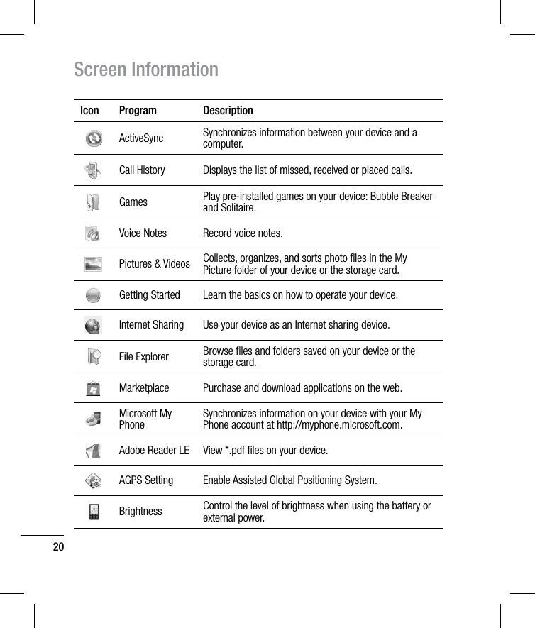 Screen Information20Icon Program DescriptionActiveSync Synchronizes information between your device and a computer.Call History Displays the list of missed, received or placed calls.Games Play pre-installed games on your device: Bubble Breaker and Solitaire.Voice Notes Record voice notes.Pictures &amp; Videos Collects, organizes, and sorts photo ﬁles in the My Picture folder of your device or the storage card.Getting Started Learn the basics on how to operate your device.Internet Sharing Use your device as an Internet sharing device.File Explorer Browse ﬁles and folders saved on your device or the storage card.Marketplace Purchase and download applications on the web.Microsoft My PhoneSynchronizes information on your device with your My Phone account at http://myphone.microsoft.com.Adobe Reader LE View *.pdf ﬁles on your device.AGPS Setting Enable Assisted Global Positioning System.Brightness Control the level of brightness when using the battery or external power.
