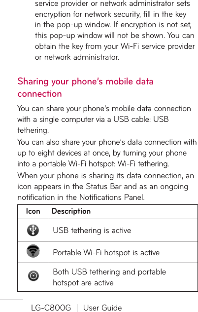 LG-C800G  |  User Guideservice provider or network administrator sets encryption for network security, fill in the key in the pop-up window. If encryption is not set, this pop-up window will not be shown. You can obtain the key from your Wi-Fi service provider or network administrator.Sharing your phone’s mobile data connectionYou can share your phone’s mobile data connection with a single computer via a USB cable: USB tethering.You can also share your phone’s data connection with up to eight devices at once, by turning your phone into a portable Wi-Fi hotspot: Wi-Fi tethering.When your phone is sharing its data connection, an icon appears in the Status Bar and as an ongoing notification in the Notifications Panel.Icon DescriptionUSB tethering is activePortable Wi-Fi hotspot is activeBoth USB tethering and portable hotspot are active
