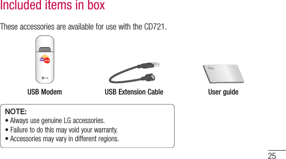 25These accessories are available for use with the CD721.USB Modem USB Extension Cable User guideNOTE: •AlwaysusegenuineLGaccessories.•Failuretodothismayvoidyourwarranty.•Accessoriesmayvaryindifferentregions.Included items in box