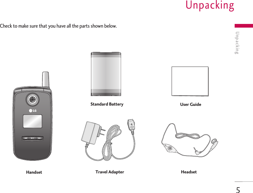 Check to make sure that you have all the parts shown below.UnpackingUnpacking5HandsetStandard Battery User GuideTravel Adapter Headset