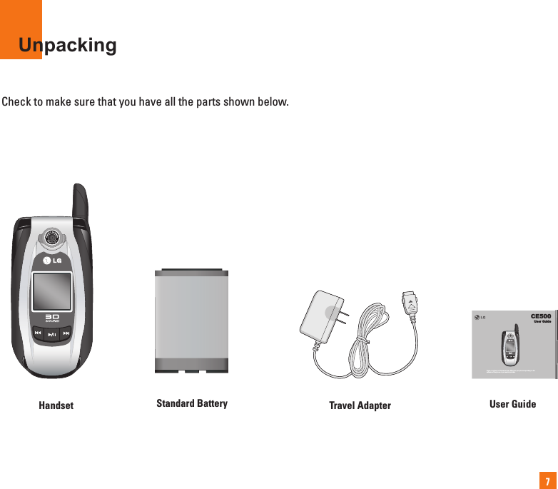 7UnpackingCheck to make sure that you have all the parts shown below.CE500User GuideSome of contents in this manual may differ from your phone depending on thesoftware of the phone or your service provider.Handset Standard Battery User GuideTravel Adapter