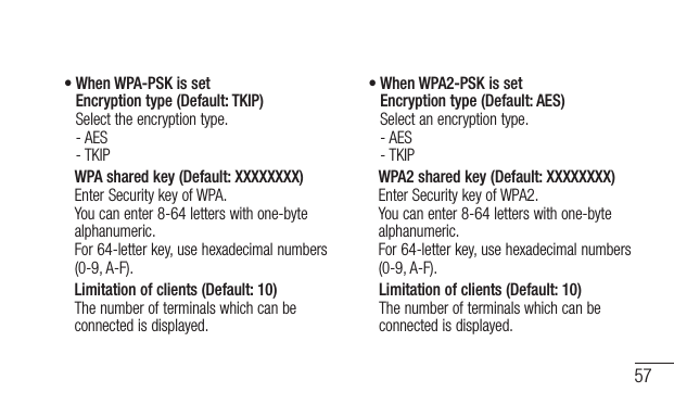 57•  When WPA-PSK is set Encryption type (Default: TKIP) Select the encryption type. - AES - TKIP    WPA shared key (Default: XXXXXXXX)Enter Security key of WPA. You can enter 8-64 letters with one-byte alphanumeric. For 64-letter key, use hexadecimal numbers (0-9, A-F).    Limitation of clients (Default: 10)The number of terminals which can be connected is displayed.•  When WPA2-PSK is set Encryption type (Default: AES) Select an encryption type. - AES - TKIP    WPA2 shared key (Default: XXXXXXXX) Enter Security key of WPA2. You can enter 8-64 letters with one-byte alphanumeric. For 64-letter key, use hexadecimal numbers (0-9, A-F).    Limitation of clients (Default: 10) The number of terminals which can be connected is displayed.