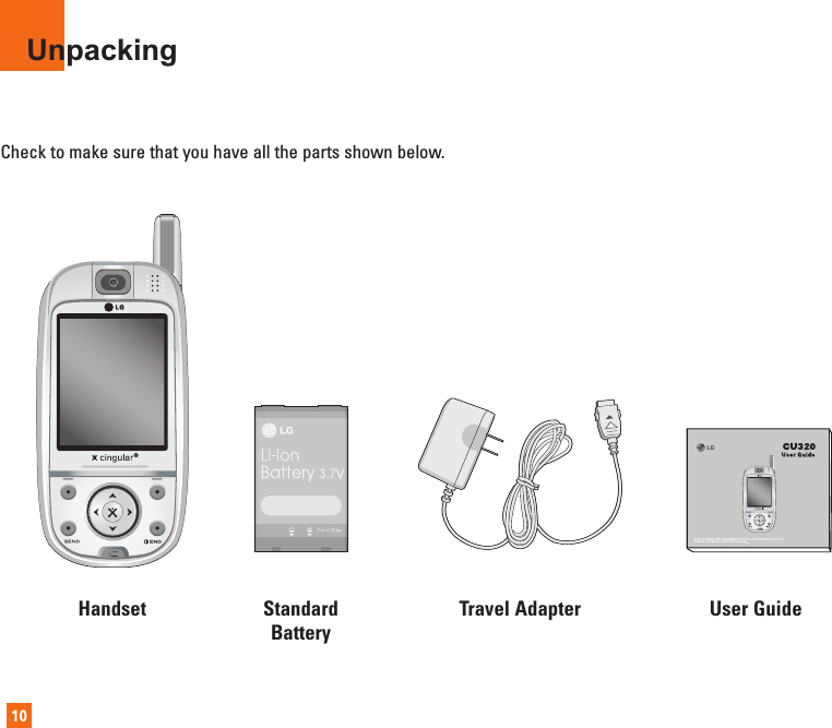 Check to make sure that you have all the parts shown below.Unpacking10®®Handset User GuideTravel AdapterStandardBattery