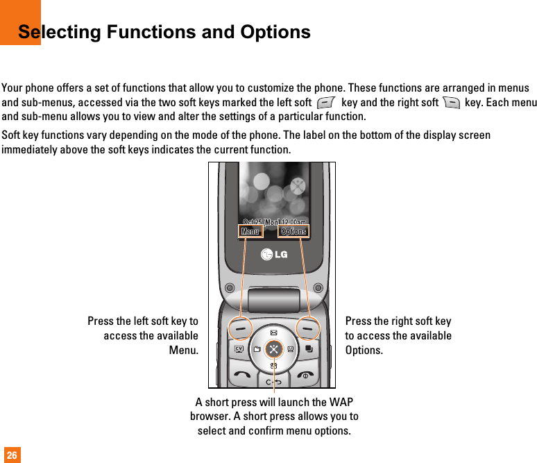 26Selecting Functions and OptionsYour phone offers a set of functions that allow you to customize the phone. These functions are arranged in menusand sub-menus, accessed via the two soft keys marked the left soft  key and the right soft  key. Each menuand sub-menu allows you to view and alter the settings of a particular function.Soft key functions vary depending on the mode of the phone. The label on the bottom of the display screenimmediately above the soft keys indicates the current function.Press the left soft key toaccess the availableMenu.Press the right soft keyto access the availableOptions.A short press will launch the WAPbrowser. A short press allows you toselect and confirm menu options. 