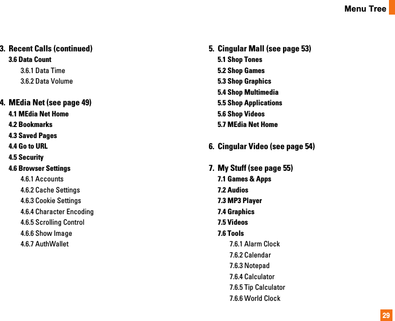 29Menu Tree3. Recent Calls (continued)3.6 Data Count3.6.1 Data Time3.6.2 Data Volume4. MEdia Net (see page 49)4.1 MEdia Net Home4.2 Bookmarks4.3 Saved Pages4.4 Go to URL4.5 Security4.6 Browser Settings4.6.1 Accounts4.6.2 Cache Settings4.6.3 Cookie Settings4.6.4 Character Encoding4.6.5 Scrolling Control4.6.6 Show Image4.6.7 AuthWallet5. Cingular Mall (see page 53)5.1 Shop Tones5.2 Shop Games5.3 Shop Graphics5.4 Shop Multimedia5.5 Shop Applications5.6 Shop Videos5.7 MEdia Net Home6. Cingular Video (see page 54)7. My Stuff (see page 55)7.1 Games &amp; Apps7.2 Audios7.3 MP3 Player7.4 Graphics7.5 Videos7.6 Tools7.6.1 Alarm Clock7.6.2 Calendar7.6.3 Notepad7.6.4 Calculator7.6.5 Tip Calculator7.6.6 World Clock