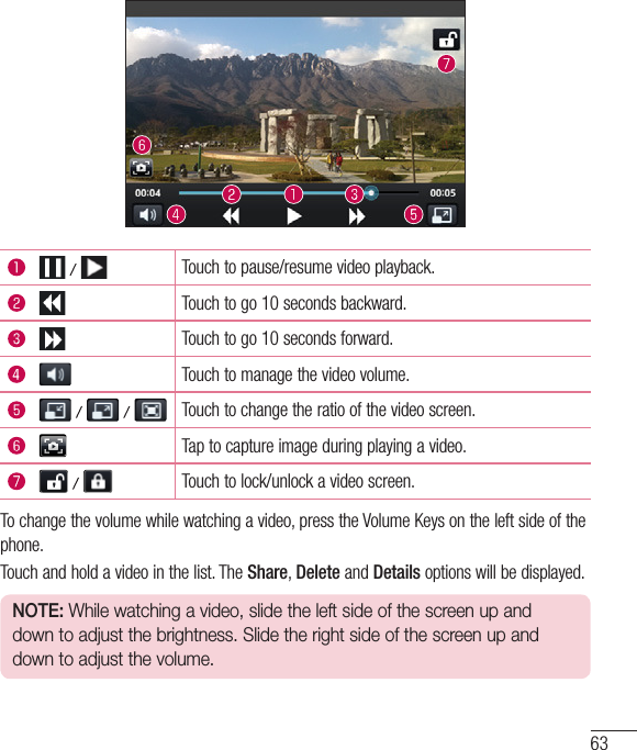 63  Touchtopause/resumevideoplayback.Touchtogo10secondsbackward.Touchtogo10secondsforward.Touchtomanagethevideovolume.    Touchtochangetheratioofthevideoscreen.Taptocaptureimageduringplayingavideo.  Touchtolock/unlockavideoscreen.Tochangethevolumewhilewatchingavideo,presstheVolumeKeysontheleftsideofthephone.Touchandholdavideointhelist.TheShare,DeleteandDetailsoptionswillbedisplayed.NOTE: While watching a video, slide the left side of the screen up and down to adjust the brightness. Slide the right side of the screen up and down to adjust the volume.