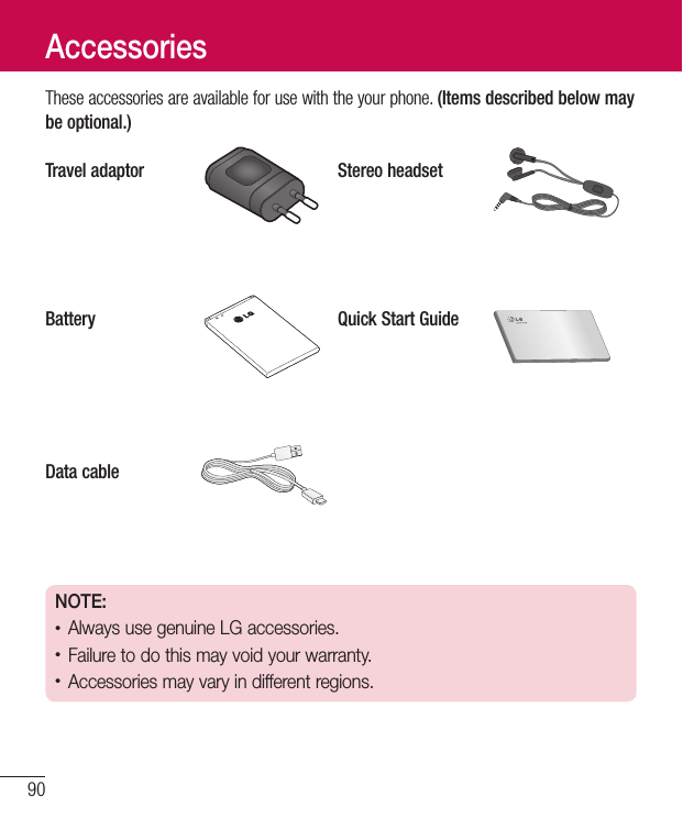 90Theseaccessoriesareavailableforusewiththeyourphone.(Items described below may be optional.)Travel adaptor Stereo headsetBattery Quick Start GuideData cableNOTE: •Always use genuine LG accessories. •Failure to do this may void your warranty.•Accessories may vary in different regions.Accessories