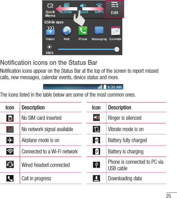 25Notification icons on the Status BarNotification icons appear on the Status Bar at the top of the screen to report missed calls, new messages, calendar events, device status and more. The icons listed in the table below are some of the most common ones.Icon Description Icon DescriptionNo SIM card inserted Ringer is silencedNo network signal available Vibrate mode is onAirplane mode is on Battery fully chargedConnected to a Wi-Fi network Battery is chargingWired headset connected Phone is connected to PC via USB cableCall in progress Downloading data