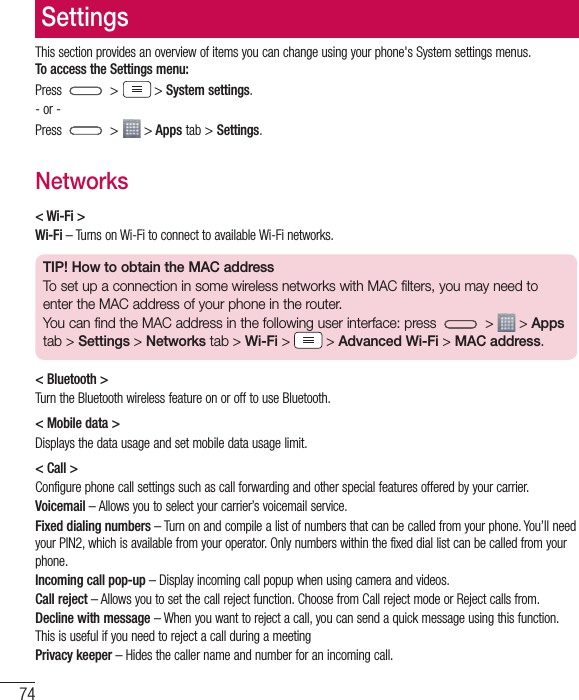 Page 77 of LG Electronics USA D400HN Cellular/PCS GSM/EDGE/WCDMA Phone with WLAN, Bluetooth, and RFID User Manual LG D400hn EN UG FCC  140129 indd