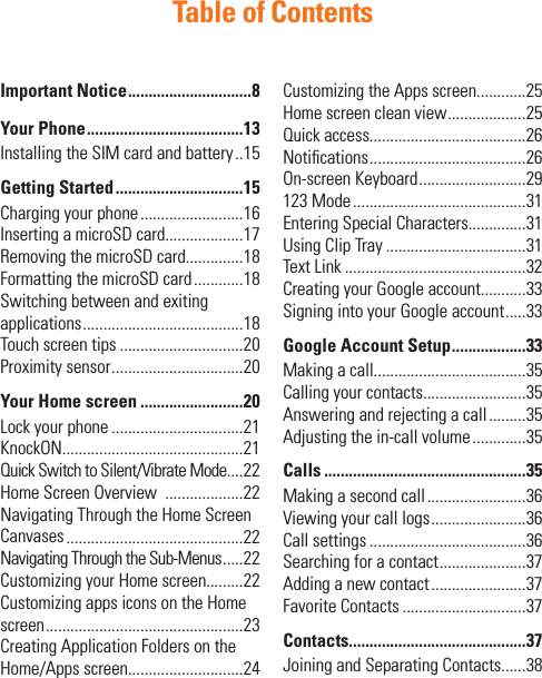 Table of ContentsImportant Notice ..............................8Your Phone ......................................13Installing the SIM card and battery ..15Getting Started ...............................15Charging your phone .........................16Inserting a microSD card...................17Removing the microSD card..............18Formatting the microSD card ............18Switching between and exiting applications .......................................18Touch screen tips ..............................20Proximity sensor ................................20Your Home screen .........................20Lock your phone ................................21KnockON............................................21Quick Switch to Silent/Vibrate Mode ....22Home Screen Overview  ...................22Navigating Through the Home Screen Canvases ...........................................22Navigating Through the Sub-Menus .....22Customizing your Home screen.........22Customizing apps icons on the Home screen ................................................23Creating Application Folders on the Home/Apps screen............................24Customizing the Apps screen............25Home screen clean view ...................25Quick access......................................26Notiﬁcations ......................................26On-screen Keyboard ..........................29123 Mode ..........................................31Entering Special Characters..............31Using Clip Tray ..................................31Text Link ............................................32Creating your Google account...........33Signing into your Google account .....33Google Account Setup ..................33Making a call.....................................35Calling your contacts.........................35Answering and rejecting a call .........35Adjusting the in-call volume .............35Calls .................................................35Making a second call ........................36Viewing your call logs .......................36Call settings ......................................36Searching for a contact .....................37Adding a new contact .......................37Favorite Contacts ..............................37Contacts...........................................37Joining and Separating Contacts......38