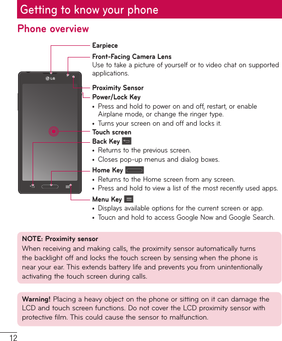 12Phone overviewEarpieceFront-Facing Camera LensUse to take a picture of yourself or to video chat on supported applications.Proximity SensorHome Key •  Returns to the Home screen from any screen.•  Press and hold to view a list of the most recently used apps.Back Key •  Returns to the previous screen.•  Closes pop-up menus and dialog boxes.Power/Lock Key•  Press and hold to power on and off, restart, or enable Airplane mode, or change the ringer type.•  Turns your screen on and off and locks it.Menu Key •  Displays available options for the current screen or app.•  Toucn and hold to access Google Now and Google Search.Touch screenNOTE: Proximity sensor When receiving and making calls, the proximity sensor automatically turns the backlight off and locks the touch screen by sensing when the phone is near your ear. This extends battery life and prevents you from unintentionally activating the touch screen during calls.Warning! Placing a heavy object on the phone or sitting on it can damage the LCD and touch screen functions. Do not cover the LCD proximity sensor with protective film. This could cause the sensor to malfunction.Getting to know your phone