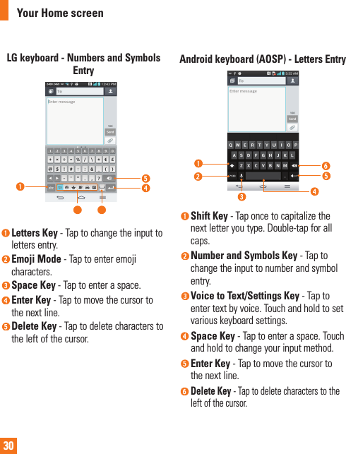 30LG keyboard - Numbers and Symbols Entry Letters Key - Tap to change the input to letters entry.  Emoji  Mode - Tap to enter emoji characters. Space  Key  - Tap to enter a space. Enter  Key  - Tap to move the cursor to the next line. Delete  Key  - Tap to delete characters to the left of the cursor.Android keyboard (AOSP) - Letters Entry Shift  Key  - Tap once to capitalize the next letter you type. Double-tap for all caps. Number and Symbols Key - Tap to change the input to number and symbol entry. Voice to Text/Settings Key - Tap to enter text by voice. Touch and hold to set various keyboard settings. Space  Key  - Tap to enter a space. Touch and hold to change your input method.  Enter  Key  - Tap to move the cursor to the next line. Delete Key - Tap to delete characters to the left of the cursor.Your Home screen