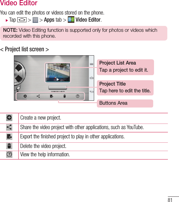 81Video EditorYou can edit the photos or videos stored on the phone. XTap   &gt;   &gt; Apps tab &gt;   Video Editor.NOTE: Video Editing function is supported only for photos or videos which recorded with this phone.&lt; Project list screen &gt;Buttons AreaProject TitleTap here to edit the title.Project List AreaTap a project to edit it.Create a new project.Share the video project with other applications, such as YouTube.Export the finished project to play in other applications.Delete the video project.View the help information. 