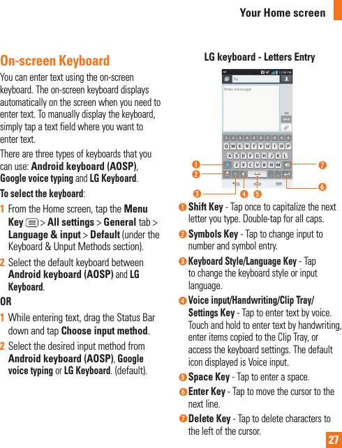27On-screen KeyboardYou can enter text using the on-screen keyboard. The on-screen keyboard displays automatically on the screen when you need to enter text. To manually display the keyboard, simply tap a text field where you want to enter text.There are three types of keyboards that you can use: Android keyboard (AOSP), Google voice typing and LG Keyboard. To select the keyboard:1  From the Home screen, tap the Menu Key  &gt; All settings &gt; General tab &gt; Language &amp; input &gt; Default (under the Keyboard &amp; Unput Methods section).2  Select the default keyboard between Android keyboard (AOSP) and LG Keyboard.OR1  While entering text, drag the Status Bar down and tap Choose input method.2  Select the desired input method from Android keyboard (AOSP), Google voice typing or LG Keyboard. (default).LG keyboard - Letters Entry Shift  Key  - Tap once to capitalize the next letter you type. Double-tap for all caps.  Symbols  Key  - Tap to change input to number and symbol entry.  Keyboard  Style/Language  Key - Tap to change the keyboard style or input language. Voice input/Handwriting/Clip Tray/Settings Key - Tap to enter text by voice. Touch and hold to enter text by handwriting, enter items copied to the Clip Tray, or access the keyboard settings. The default icon displayed is Voice input. Space  Key - Tap to enter a space. Enter  Key  - Tap to move the cursor to the next line.  Delete  Key  - Tap to delete characters to the left of the cursor.Your Home screen