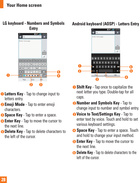 28LG keyboard - Numbers and Symbols Entry Letters Key - Tap to change input to letters entry.  Emoji  Mode - Tap to enter emoji characters. Space  Key  - Tap to enter a space. Enter  Key  - Tap to move the cursor to the next line. Delete  Key  - Tap to delete characters to the left of the cursor.Android keyboard (AOSP) - Letters Entry Shift  Key  - Tap once to capitalize the next letter you type. Double-tap for all caps. Number and Symbols Key - Tap to change input to number and symbol entry. Voice to Text/Settings Key - Tap to enter text by voice. Touch and hold to set various keyboard settings. Space  Key  - Tap to enter a space. Touch and hold to change your input method.  Enter  Key  - Tap to move the cursor to the next line. Delete Key - Tap to delete characters to the left of the cursor.Your Home screen