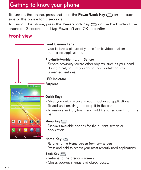 12To turn on the phone, press and hold the Power/Lock Key  on the back side of the phone for 3 seconds.To turn off the phone, press the Power/Lock Key  on the back side of the phone for 3 seconds and tap Power off and OK to confirm.Front viewFront Camera Lens-  Use to take a picture of yourself or to video chat on supported applications.Proximity/Ambient Light Sensor-  Senses proximity toward other objects, such as your head during a call, so that you do not accidentally activate unwanted features.LED IndicatorEarpieceBack Key -  Returns to the previous screen.-  Closes pop-up menus and dialog boxes.Menu Key -  Displays available options for the current screen or application.Home Key -  Returns to the Home screen from any screen.-  Press and hold to access your most recently used applications.Quick Keys-  Gives you quick access to your most used applications. -  To add an icon, drag and drop it in the bar. -  To remove an icon, touch and hold it and remove it from the bar.Getting to know your phone