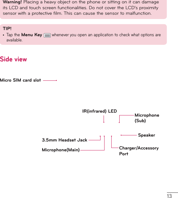 13Warning! Placing a heavy object on the phone or sitting on it can damage its LCD and touch screen functionalities. Do not cover the LCD’s proximity sensor with a protective film. This can cause the sensor to malfunction.TIP!•   Tap the Menu Key  whenever you open an application to check what options are available.Side viewMicro SIM card slot3.5mm Headset JackMicrophone(Main)IR(infrared) LEDSpeakerMicrophone(Sub)Charger/Accessory Port