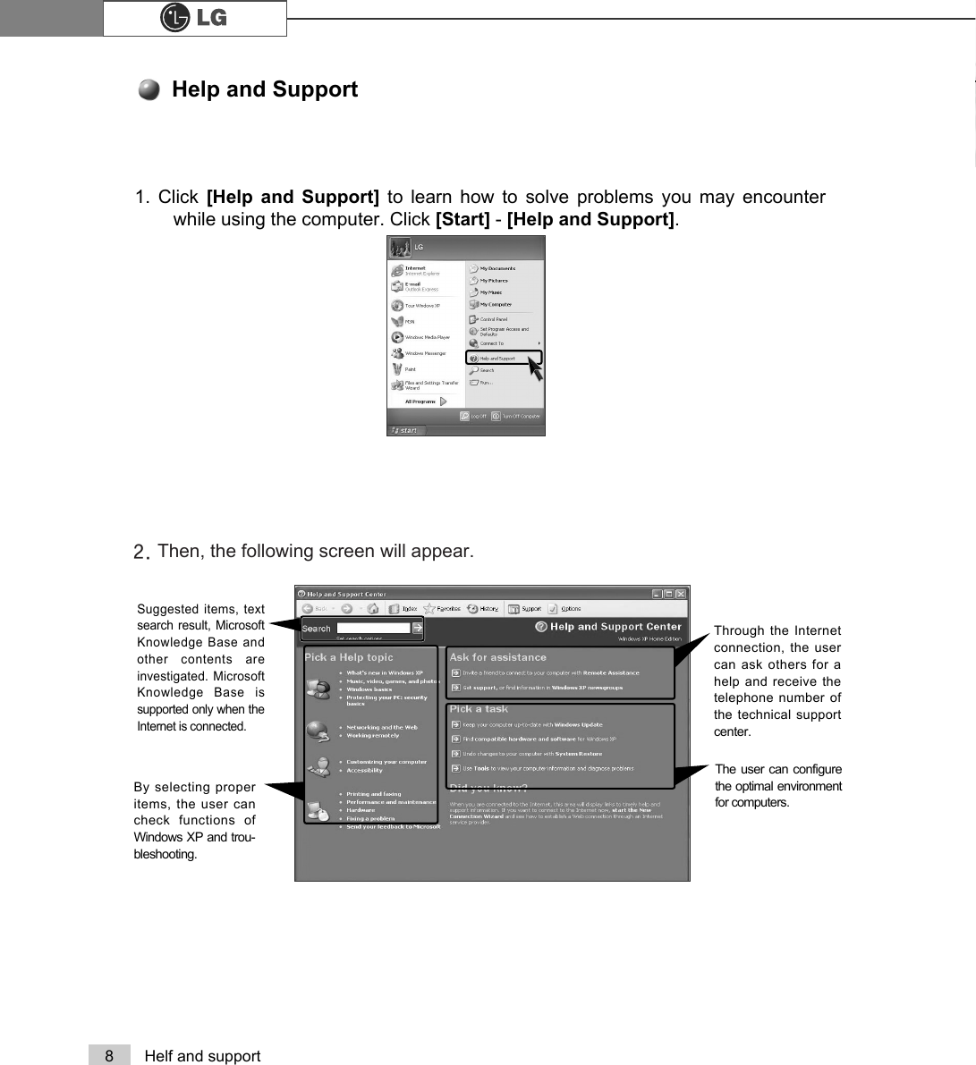 8 Helf and support1. Click [Help and Support] to learn how to solve problems you may encounterwhile using the computer. Click [Start] - [Help and Support].Help and SupportThen, the following screen will appear.Suggested items, textsearch result, MicrosoftKnowledge Base andother contents areinvestigated. MicrosoftKnowledge Base issupported only when theInternet is connected.By selecting properitems, the user cancheck functions ofWindows XP and trou-bleshooting.Through the Internetconnection, the usercan ask others for ahelp and receive thetelephone number ofthe technical supportcenter.The user can configurethe optimal environmentfor computers.