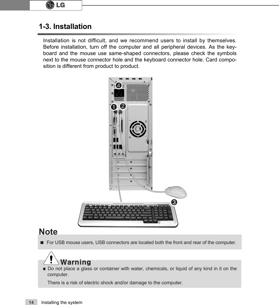 14 Installing the system1-3. InstallationInstallation is not difficult, and we recommend users to install by themselves.Before installation, turn off the computer and all peripheral devices. As the key-board and the mouse use same-shaped connectors, please check the symbolsnext to the mouse connector hole and the keyboard connector hole. Card compo-sition is different from product to product.ãDo not place a glass or container with water, chemicals, or liquid of any kind in it on thecomputer.There is a risk of electric shock and/or damage to the computer.ãFor USB mouse users, USB connectors are located both the front and rear of the computer.Noteℙℚℛ℘