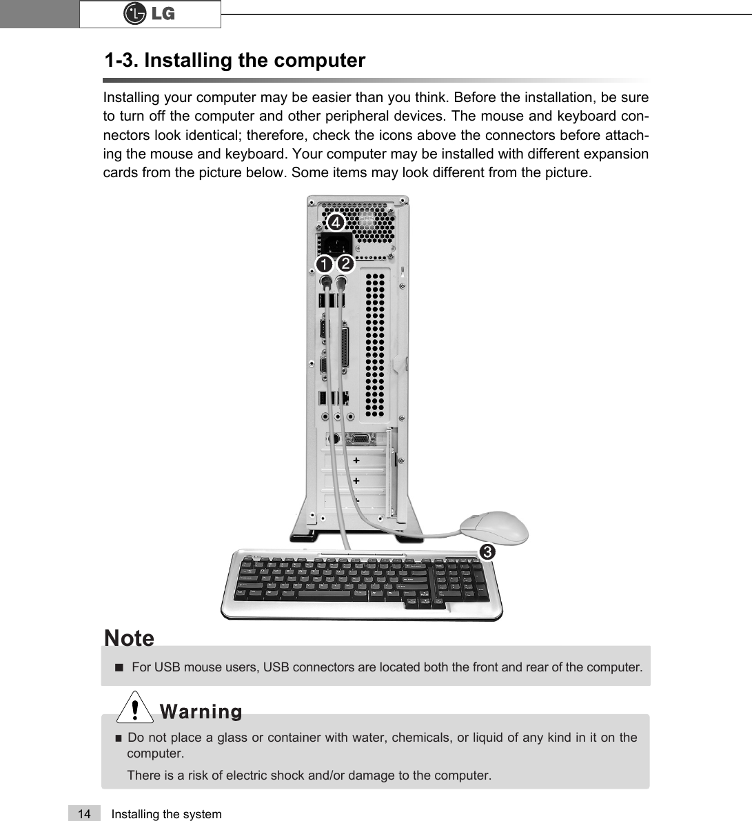14 Installing the system1-3. Installing the computerInstalling your computer may be easier than you think. Before the installation, be sureto turn off the computer and other peripheral devices. The mouse and keyboard con-nectors look identical; therefore, check the icons above the connectors before attach-ing the mouse and keyboard. Your computer may be installed with different expansioncards from the picture below. Some items may look different from the picture.ãDo not place a glass or container with water, chemicals, or liquid of any kind in it on thecomputer.There is a risk of electric shock and/or damage to the computer.ãFor USB mouse users, USB connectors are located both the front and rear of the computer.Note℘ℙℚℛ