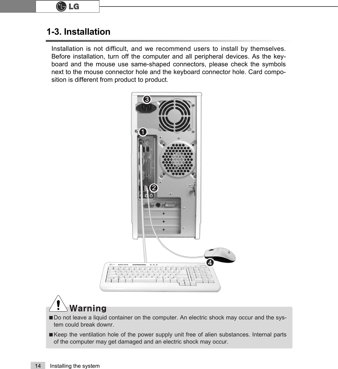 ℘ℙℚℛ14 Installing the system1-3. InstallationInstallation is not difficult, and we recommend users to install by themselves.Before installation, turn off the computer and all peripheral devices. As the key-board and the mouse use same-shaped connectors, please check the symbolsnext to the mouse connector hole and the keyboard connector hole. Card compo-sition is different from product to product.ãDo not leave a liquid container on the computer. An electric shock may occur and the sys-tem could break downr.ãKeep the ventilation hole of the power supply unit free of alien substances. Internal partsof the computer may get damaged and an electric shock may occur.