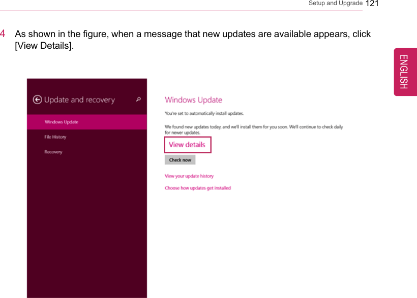 Setup and Upgrade 1214As shown in the figure, when a message that new updates are available appears, click[View Details].ENGLISH