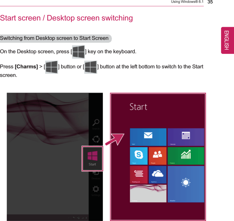 Using Windows® 8.1 35Start screen / Desktop screen switchingSwitching from Desktop screen to Start ScreenOn the Desktop screen, press [ ] key on the keyboard.Press [Charms] &gt;[ ] button or [ ] button at the left bottom to switch to the Startscreen.ENGLISH
