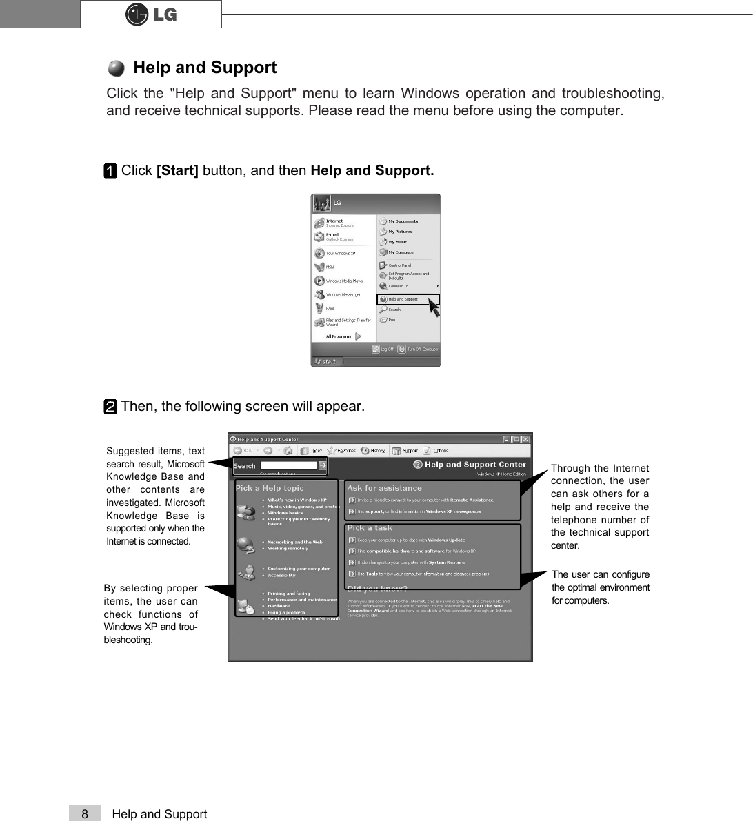 Click the &quot;Help and Support&quot; menu to learn Windows operation and troubleshooting,and receive technical supports. Please read the menu before using the computer. 8 Help and SupportClick [Start] button, and then Help and Support.Then, the following screen will appear.Help and Support Suggested items, textsearch result, MicrosoftKnowledge Base andother contents areinvestigated. MicrosoftKnowledge Base issupported only when theInternet is connected.By selecting properitems, the user cancheck functions ofWindows XP and trou-bleshooting.Through the Internetconnection, the usercan ask others for ahelp and receive thetelephone number ofthe technical supportcenter.The user can configurethe optimal environmentfor computers.