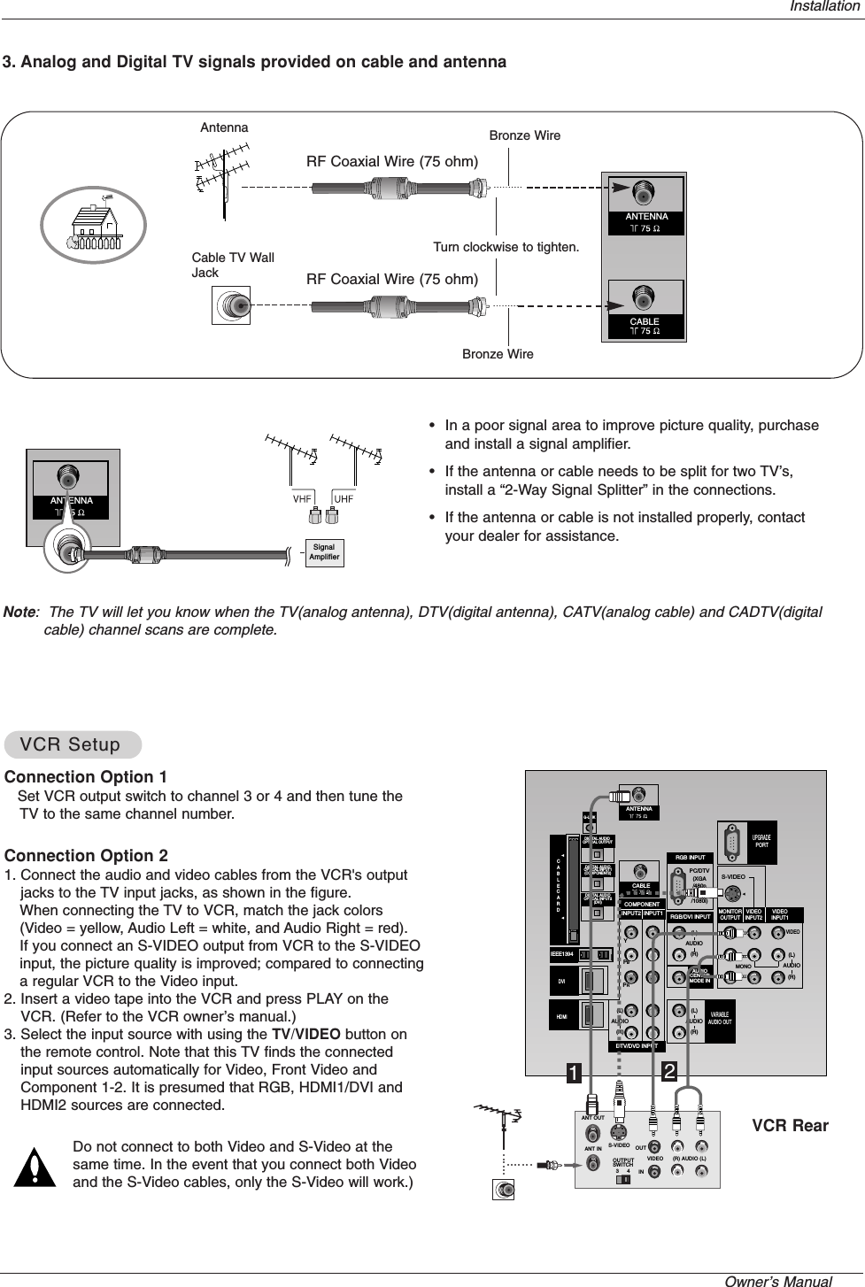 Owner’s Manual   Note:  The TV will let you know when the TV(analog antenna), DTV(digital antenna), CATV(analog cable) and CADTV(digitalcable) channel scans are complete.•In a poor signal area to improve picture quality, purchaseand install a signal amplifier.•If the antenna or cable needs to be split for two TV’s,install a “2-Way Signal Splitter” in the connections.•If the antenna or cable is not installed properly, contactyour dealer for assistance.ANTENNASignalAmplifier3. Analog and Digital TV signals provided on cable and antennaAntennaRF Coaxial Wire (75 ohm)Bronze WireTurn clockwise to tighten.Cable TV WallJack RF Coaxial Wire (75 ohm)CABLEANTENNAConnection Option 1Set VCR output switch to channel 3 or 4 and then tune theTV to the same channel number.Connection Option 21. Connect the audio and video cables from the VCR&apos;s outputjacks to the TV input jacks, as shown in the figure. When connecting the TV to VCR, match the jack colors(Video = yellow, Audio Left = white, and Audio Right = red).If you connect an S-VIDEO output from VCR to the S-VIDEOinput, the picture quality is improved; compared to connectinga regular VCR to the Video input.2. Insert a video tape into the VCR and press PLAY on theVCR. (Refer to the VCR owner’s manual.) 3. Select the input source with using the TV/VIDEO button onthe remote control. Note that this TV finds the connectedinput sources automatically for Video, Front Video andComponent 1-2. It is presumed that RGB, HDMI1/DVI andHDMI2 sources are connected.Do not connect to both Video and S-Video at thesame time. In the event that you connect both Videoand the S-Video cables, only the S-Video will work.)VCR SetupVCR SetupPC/DTV(XGA/480p/720p/1080i)S-VIDEOPR PBYMONOCABLERGB INPUTCOMPONENTINPUT2 INPUT1DTV/DVD INPUTRGB/DVI INPUT(L)(R)AUDIO(L)(R)AUDIOVIDEO(L)(R)AUDIO(L)(R)AUDIOAUDIOCENTERMODE INMONITOROUTPUTVIDEOINPUT2VIDEOINPUT1DIGITAL AUDIOOPTICAL INPUT1(COMPONENT2)DIGITAL AUDIOOPTICAL INPUT2(DVI)IEEE1394DIGITAL AUDIO OPTICAL OUTPUTANTENNACABLECARD DVI VARIABLEAUDIO OUTG-LINK HDMIUPGRADEPORTS-VIDEO OUTIN(R) AUDIO (L)VIDEO34OUTPUTSWITCHANT OUTANT INVCR Rear12InstallationBronze Wire
