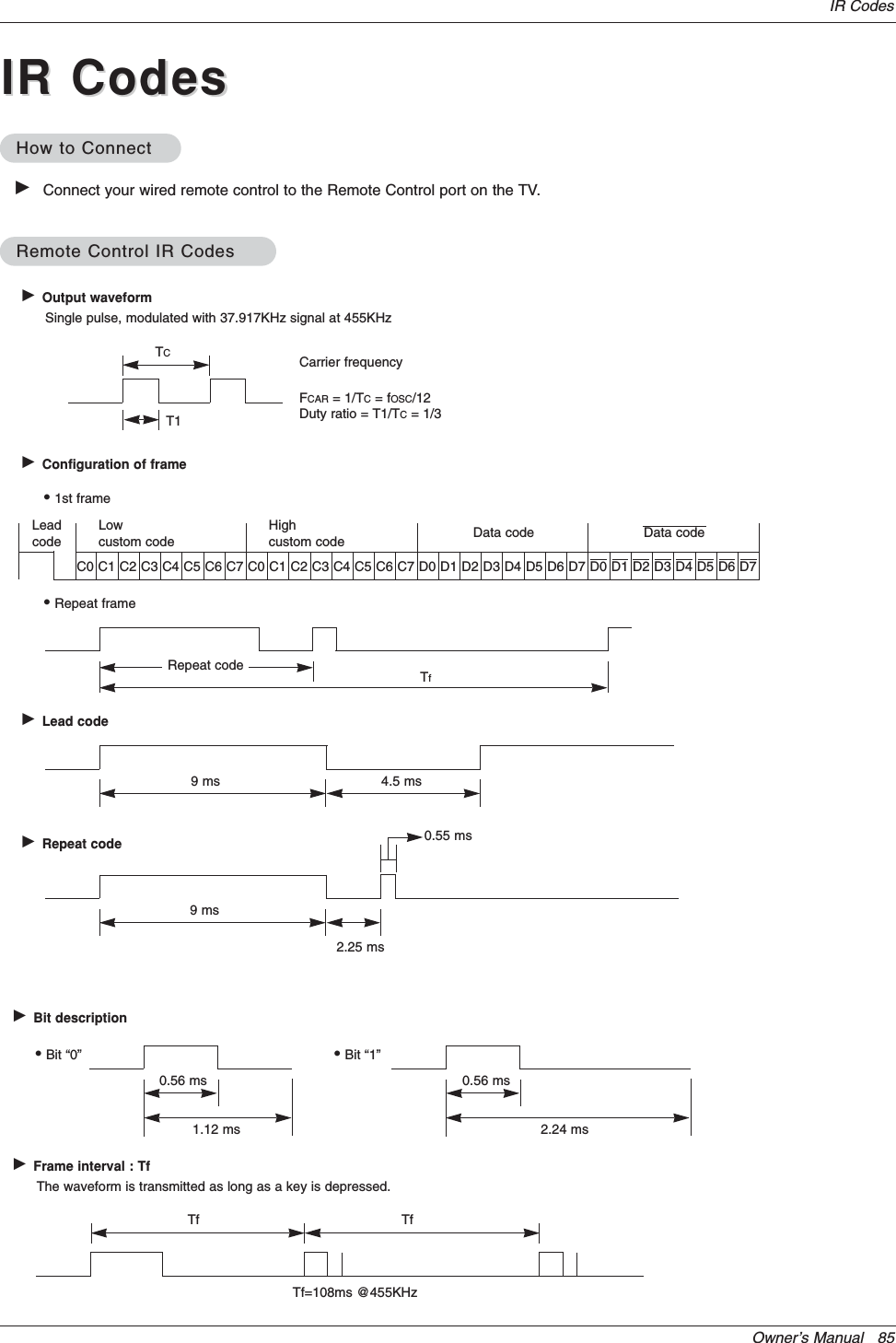 Owner’s Manual   85IR CodesGConnect your wired remote control to the Remote Control port on the TV. GOutput waveformSingle pulse, modulated with 37.917KHz signal at 455KHzGConfiguration of frameGRepeat codeGLead code•1st frameLowcustom codeLeadcodeHighcustom code Data code Data codeTCTfT1C0Carrier frequencyFCAR = 1/TC= fOSC/12Duty ratio = T1/TC= 1/3•Repeat frameC1 C2 C3 C4 C5 C6 C7 C0 C1 C2 C3 C4 C5 C6 C7 D0 D1 D2 D3 D4 D5 D6 D7 D0 D1 D2 D3 D4 D5 D6 D7Repeat code9 ms 4.5 ms0.55 ms9 ms2.25 msGBit descriptionGFrame interval : TfThe waveform is transmitted as long as a key is depressed.•Bit “0”Tf TfTf=108ms @455KHz0.56 ms 0.56 ms1.12 ms•Bit “1”2.24 msHow to ConnectHow to ConnectRemote Control IR CodesRemote Control IR CodesIR CodesIR Codes