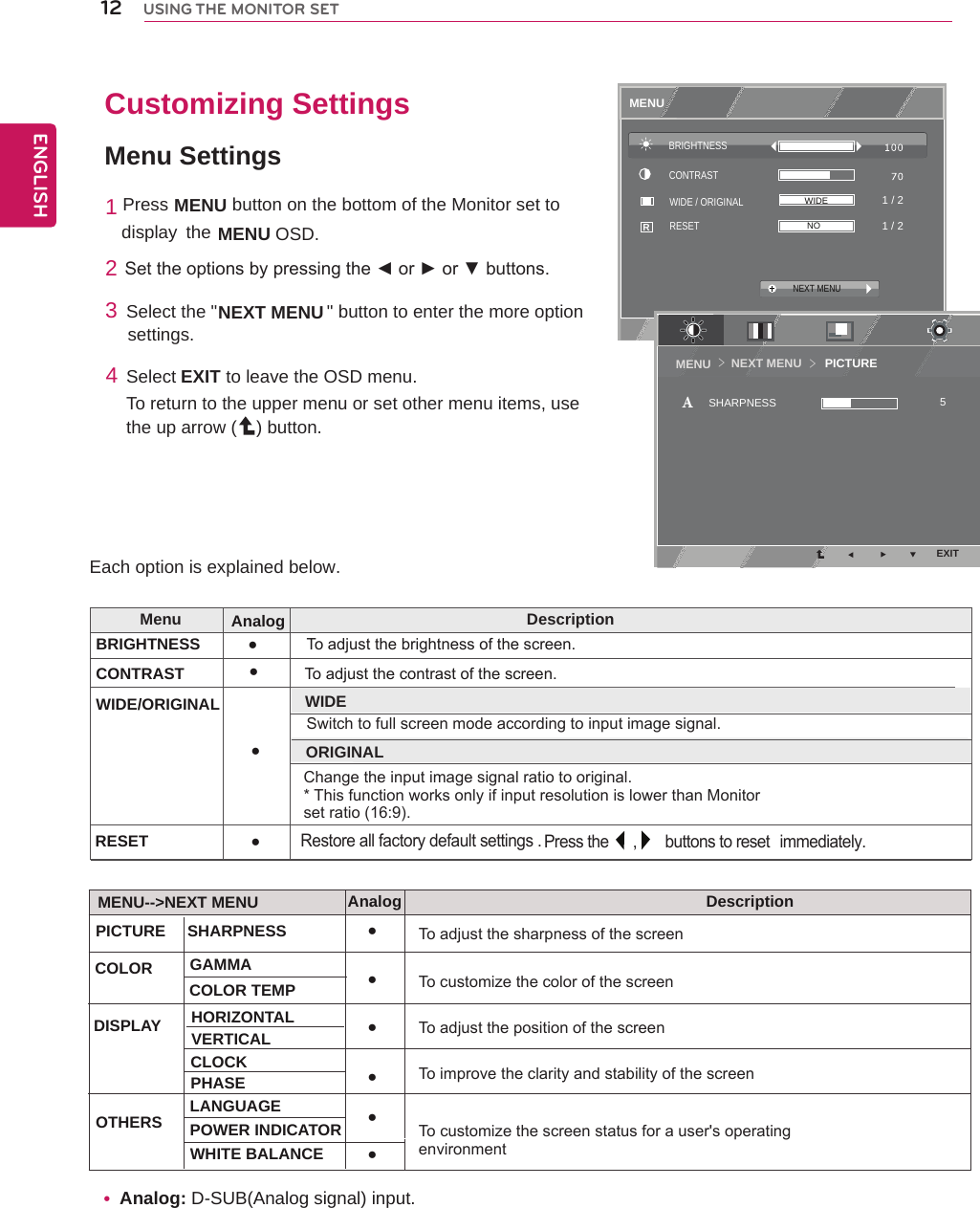 Customizing SettingsMenu Settings yAnalog: D-SUB(Analog signal) input.MENU EXITRWIDE / ORIGINALRESETCONTRASTBRIGHTNESSNONEXT MENU1 / 2 1 / 2 WIDENEXT MENU       PICTUREMENU ＞＞EXIT5SHARPNESSA12ENGENGLISHUSING THE MONITOR SET1  Press MENU   button on the bottom of the Monitor set to  display  the MENU OSD.  2 Settheoptionsbypressingthe◄or►or▼buttons.3 Select the &quot;                      &quot; button to enter the more optionNEXT MENU settings. 4 Select EXIT to leave the OSD menu.To return to the upper menu or set other menu items, use the up arrow ( ) button. Each option is explained below.Analog DescriptionPICTURE ●To adjust the sharpness of the screen To customize the color of the screen To adjust the position of the screenTo improve the clarity and stability of the screen To customize the screen status for a user&apos;s operating environmentCOLOR ●GAMMACOLOR TEMPDISPLAY HORIZONTALVERTICAL ●CLOCKPHASE ●OTHERS LANGUAGEPOWER INDICATOR ●WHITE BALANCE ●SHARPNESSMenu DescriptionBRIGHTNESS To adjust the brightness of the screen. CONTRAST To adjust the contrast of the screen.WIDE/ORIGINALRESETWIDESwitch to full screen mode according to input image signal.Change the input image signal ratio to original.* This function works only if input resolution is lower than Monitorset ratio (16:9).ORIGINALRestoreall factory default settings .Press the  , buttons to reset immediately.Analog●●●●MENU--&gt;NEXT MENU