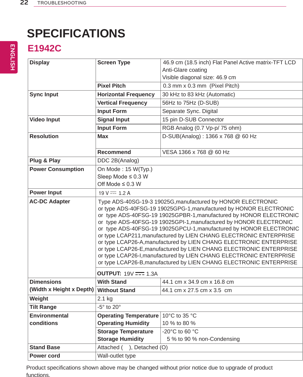  SPECIFICATIONS Product specifications shown above may be changed without prior notice due to upgrade of product functions.Display Screen Type                     46.9 cm (18.5 inch) Flat Panel Active matrix-TFT LCDAnti-Glare coatingVisible diagonal size: 46.9 cmPixel Pitch                        0.3 mm x 0.3 mm  (Pixel Pitch)Sync Input Horizontal Frequency 30 kHz to 83 kHz (Automatic)Vertical Frequency 56Hz to 75Hz (D-SUB)Input Form Separate Sync. DigitalVideo Input Signal Input 15 pin D-SUB ConnectorInput Form RGB Analog (0.7 Vp-p/ 75 ohm)Resolution Max D-SUB(Analog) : 1366 x 768 @ 60 HzRecommend VESA 1366 x 768 @ 60 HzPlug &amp; Play DDC 2B(Analog)Power Consumption On Mode : 15 W(Typ.)Sleep Mode ≤ 0.3 W Off Mode ≤ 0.3 W Power InputDimensions(Width x Height x Depth) With Stand 44.1 cm x 34.9 cm x 16.8 cmWithout Stand                 44.1 cm x 27.5 cm x 3.5  cmWeight 2.1 kgTilt Range -5° to 20°Environmentalconditions Operating TemperatureOperating Humidity 10°C to 35 °C10 % to 80 % Storage TemperatureStorage Humidity -20°C to 60 °C   5 % to 90 % non-CondensingStand Base Attached (    ), Detached (O)Power cord Wall-outlet typeE1942C19 V 1.2 A AC-DC Adapter Type ADS-40SG-19-3 19025G,manufactured by HONOR ELECTRONICor type ADS-40FSG-19 19025GPG-1,manufactured by HONOR ELECTRONICor  type ADS-40FSG-19 19025GPBR-1,manufactured by HONOR ELECTRONICor  type ADS-40FSG-19 19025GPI-1,manufactured by HONOR ELECTRONICor  type ADS-40FSG-19 19025GPCU-1,manufactured by HONOR ELECTRONICor type LCAP211,manufactured by LIEN CHANG ELECTRONIC ENTERPRISEor type LCAP26-A,manufactured by LIEN CHANG ELECTRONIC ENTERPRISEor type LCAP26-E,manufactured by LIEN CHANG ELECTRONIC ENTERPRISEor type LCAP26-I,manufactured by LIEN CHANG ELECTRONIC ENTERPRISEor type LCAP26-B,manufactured by LIEN CHANG ELECTRONIC ENTERPRISE OUTPUT: 19V 1.3AENGENGLISH22 TROUBLESHOOTING