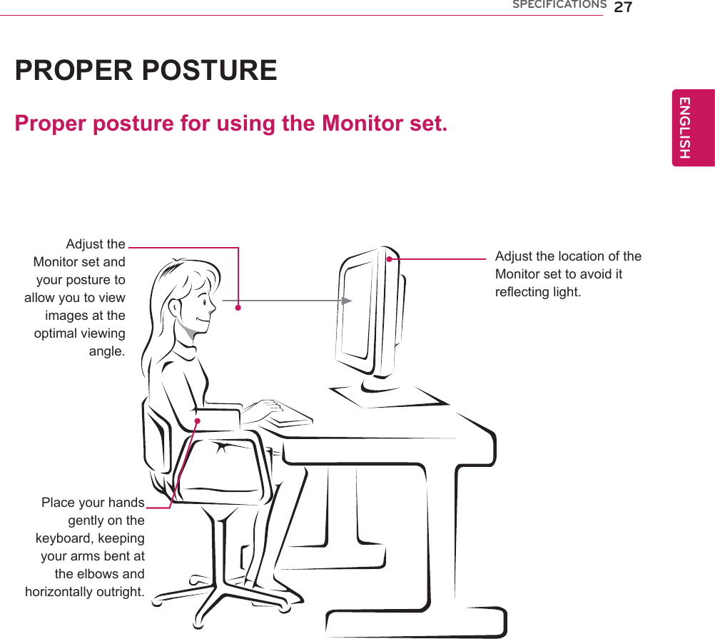 ProperpostureforusingtheMonitorset.PROPERPOSTUREAdjusttheMonitorsetandyourposturetoallowyoutoviewimagesattheoptimalviewingangle.Placeyourhandsgentlyonthekeyboard,keepingyourarmsbentattheelbowsandhorizontallyoutright.AdjustthelocationoftheMonitorsettoavoiditreflectinglight.ENGENGLISHSPECIFICATIONS 27