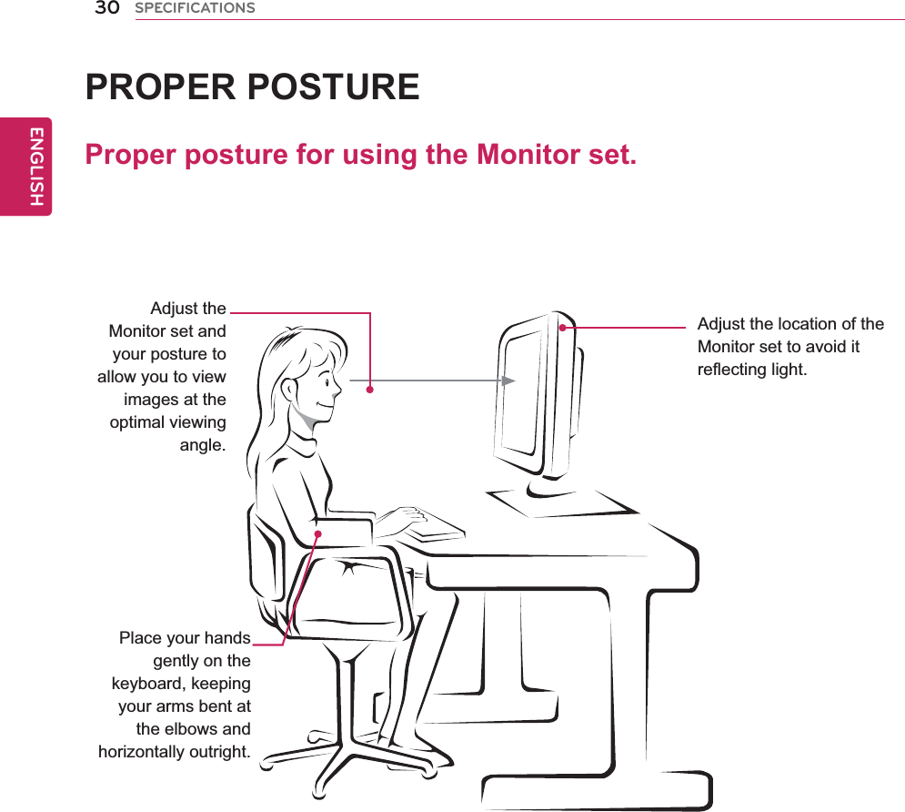 Proper posture for using the Monitor set.PROPER POSTUREAdjust the Monitor set and your posture to allow you to view images at the optimal viewing angle.Place your hands gently on the keyboard, keeping your arms bent at the elbows and horizontally outright.Adjust the location of the Monitor set to avoid it reflecting light.30ENGENGLISHSPECIFICATIONS
