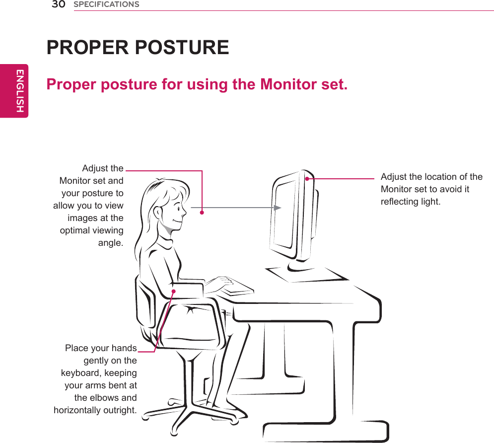 ProperpostureforusingtheMonitorset.PROPERPOSTUREAdjusttheMonitorsetandyourposturetoallowyoutoviewimagesattheoptimalviewingangle.Placeyourhandsgentlyonthekeyboard,keepingyourarmsbentattheelbowsandhorizontallyoutright.AdjustthelocationoftheMonitorsettoavoiditreflectinglight.30ENGENGLISHSPECIFICATIONS