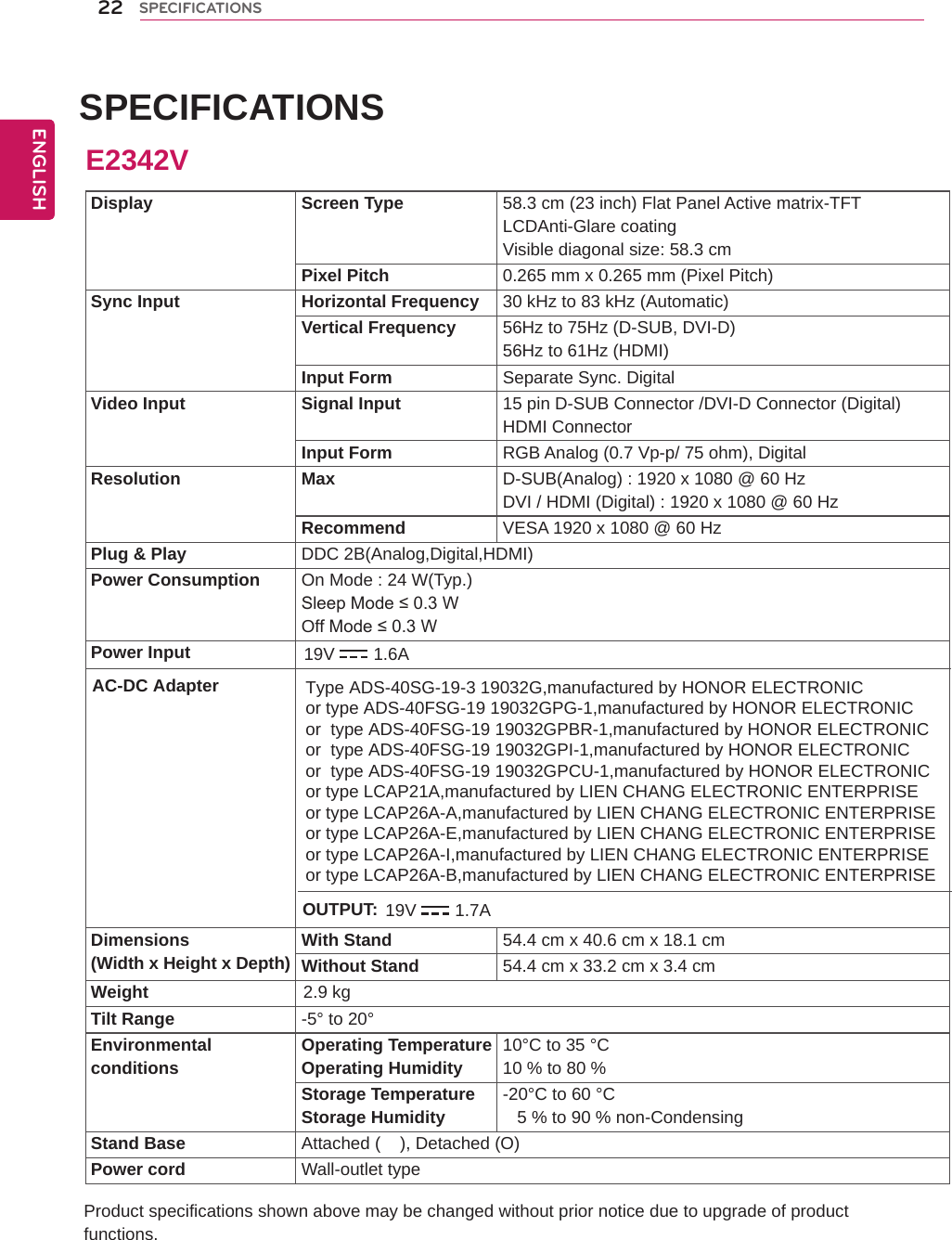 SPECIFICATIONS    Product specifications shown above may be changed without prior notice due to upgrade of product functions.Display Screen Type 58.3 cm (23 inch) Flat Panel Active matrix-TFT LCDAnti-Glare coatingVisible diagonal size: 58.3 cmPixel Pitch 0.265 mm x 0.265 mm (Pixel Pitch)Sync Input Horizontal Frequency 30 kHz to 83 kHz (Automatic)Vertical Frequency 56Hz to 75Hz (D-SUB, DVI-D)56Hz to 61Hz (HDMI)Input Form Separate Sync. DigitalVideo Input Signal Input 15 pin D-SUB Connector /DVI-D Connector (Digital)HDMI ConnectorInput Form RGB Analog (0.7 Vp-p/ 75 ohm), DigitalResolution Max D-SUB(Analog) : 1920 x 1080 @ 60 HzDVI / HDMI (Digital) : 1920 x 1080 @ 60 HzRecommend VESA 1920 x 1080 @ 60 HzPlug &amp; Play DDC 2B(Analog,Digital,HDMI)Power Consumption On Mode : 24 W(Typ.)Sleep Mode ≤ 0.3 W Off Mode ≤ 0.3 W Power InputDimensions(Width x Height x Depth) With Stand 54.4 cm x 40.6 cm x 18.1 cmWithout Stand 54.4 cm x 33.2 cm x 3.4 cmWeight                                2.9 kgTilt Range -5° to 20°Environmentalconditions Operating TemperatureOperating Humidity 10°C to 35 °C10 % to 80 % Storage TemperatureStorage Humidity -20°C to 60 °C   5 % to 90 % non-CondensingStand Base Attached (    ), Detached (O)Power cord Wall-outlet typeE2342V19V 1.6AAC-DC Adapter Type ADS-40SG-19-3 19032G,manufactured by HONOR ELECTRONICor type ADS-40FSG-19 19032GPG-1,manufactured by HONOR ELECTRONICor  type ADS-40FSG-19 19032GPBR-1,manufactured by HONOR ELECTRONICor  type ADS-40FSG-19 19032GPI-1,manufactured by HONOR ELECTRONIC or  type ADS-40FSG-19 19032GPCU-1,manufactured by HONOR ELECTRONIC or type LCAP21A,manufactured by LIEN CHANG ELECTRONIC ENTERPRISEor type LCAP26A-A,manufactured by LIEN CHANG ELECTRONIC ENTERPRISEor type LCAP26A-E,manufactured by LIEN CHANG ELECTRONIC ENTERPRISEor type LCAP26A-I,manufactured by LIEN CHANG ELECTRONIC ENTERPRISEor type LCAP26A-B,manufactured by LIEN CHANG ELECTRONIC ENTERPRISEOUTPUT: 19V 1.7A22ENGENGLISHSPECIFICATIONS