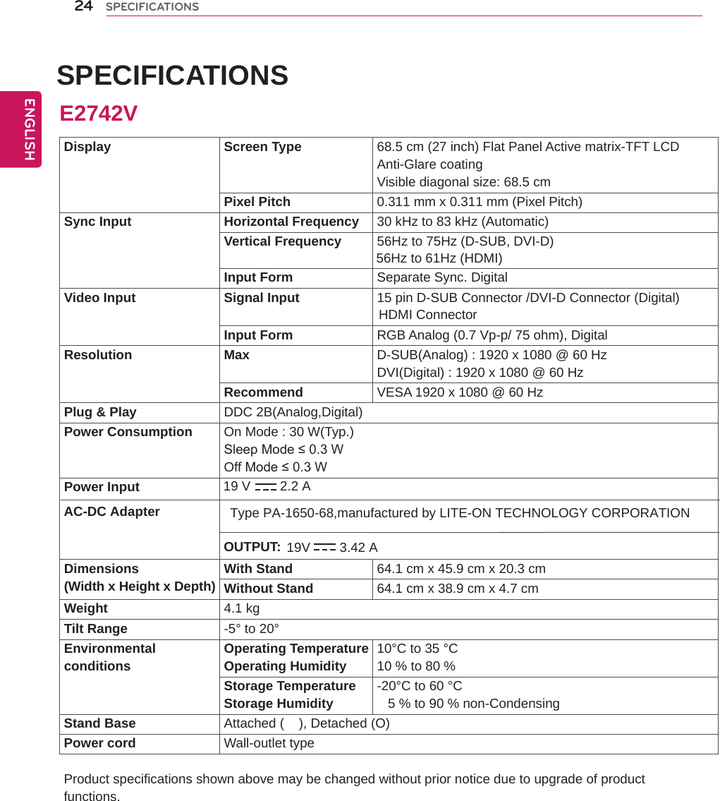 SPECIFICATIONSProduct specifications shown above may be changed without prior notice due to upgrade of product functions.24ENGENGLISHSPECIFICATIONSDisplay Screen Type 68.5 cm (27 inch) Flat Panel Active matrix-TFT LCDAnti-Glare coatingVisible diagonal size: 68.5 cmPixel Pitch 0.311 mm x 0.311 mm (Pixel Pitch)Sync Input Horizontal Frequency 30 kHz to 83 kHz (Automatic)Vertical Frequency 56Hz to 75Hz (D-SUB, DVI-D)Input Form Separate Sync. DigitalVideo Input Signal Input 15 pin D-SUB Connector /DVI-D Connector (Digital)Input Form RGB Analog (0.7 Vp-p/ 75 ohm), DigitalResolution Max D-SUB(Analog) : 1920 x 1080 @ 60 HzDVI(Digital) : 1920 x 1080 @ 60 HzRecommend VESA 1920 x 1080 @ 60 HzPlug &amp; Play DDC 2B(Analog,Digital)Power Consumption On Mode : 30 W(Typ.)Sleep Mode ≤ 0.3 W Off Mode ≤ 0.3 W Power InputDimensions(Width x Height x Depth) With Stand 64.1 cm x 45.9 cm x 20.3 cmWithout Stand 64.1 cm x 38.9 cm x 4.7 cmWeight 4.1 kgTilt Range -5° to 20°Environmentalconditions Operating TemperatureOperating Humidity 10°C to 35 °C10 % to 80 % Storage TemperatureStorage Humidity -20°C to 60 °C   5 % to 90 % non-CondensingStand Base Attached (    ), Detached (O)Power cord Wall-outlet typeE2742V19 V        2.2 AAC-DC AdapterOUTPUT: 19V 3.42 AType PA-1650-68,manufactured by LITE-ON TECHNOLOGY CORPORATION56Hz to 61Hz (HDMI)HDMI Connector