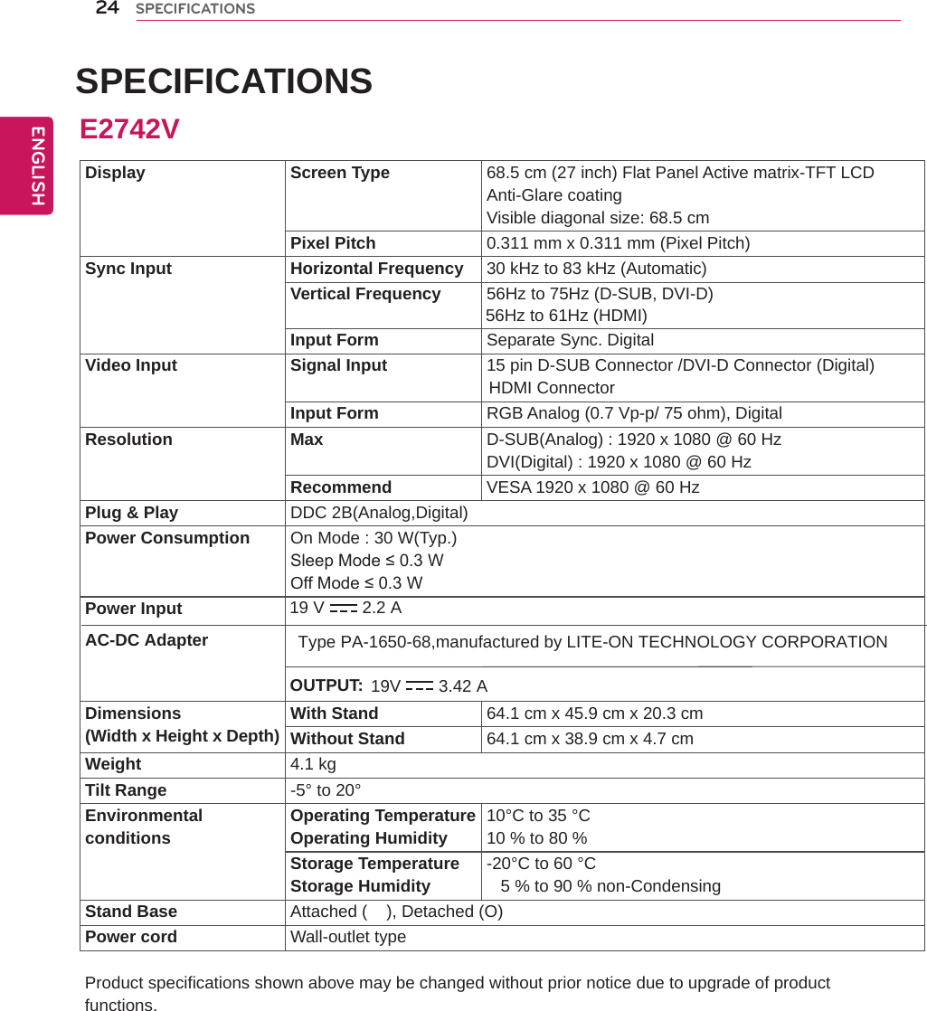 SPECIFICATIONSProduct specifications shown above may be changed without prior notice due to upgrade of product functions.24ENGENGLISHSPECIFICATIONSDisplay Screen Type 68.5 cm (27 inch) Flat Panel Active matrix-TFT LCDAnti-Glare coatingVisible diagonal size: 68.5 cmPixel Pitch 0.311 mm x 0.311 mm (Pixel Pitch)Sync Input Horizontal Frequency 30 kHz to 83 kHz (Automatic)Vertical Frequency 56Hz to 75Hz (D-SUB, DVI-D)Input Form Separate Sync. DigitalVideo Input Signal Input 15 pin D-SUB Connector /DVI-D Connector (Digital)Input Form RGB Analog (0.7 Vp-p/ 75 ohm), DigitalResolution Max D-SUB(Analog) : 1920 x 1080 @ 60 HzDVI(Digital) : 1920 x 1080 @ 60 HzRecommend VESA 1920 x 1080 @ 60 HzPlug &amp; Play DDC 2B(Analog,Digital)Power Consumption On Mode : 30 W(Typ.)Sleep Mode ≤ 0.3 W Off Mode ≤ 0.3 W Power InputDimensions(Width x Height x Depth) With Stand 64.1 cm x 45.9 cm x 20.3 cmWithout Stand 64.1 cm x 38.9 cm x 4.7 cmWeight 4.1 kgTilt Range -5° to 20°Environmentalconditions Operating TemperatureOperating Humidity 10°C to 35 °C10 % to 80 % Storage TemperatureStorage Humidity -20°C to 60 °C   5 % to 90 % non-CondensingStand Base Attached (    ), Detached (O)Power cord Wall-outlet typeE2742V19 V        2.2 AAC-DC AdapterOUTPUT: 19V 3.42 AType PA-1650-68,manufactured by LITE-ON TECHNOLOGY CORPORATION56Hz to 61Hz (HDMI)HDMI Connector