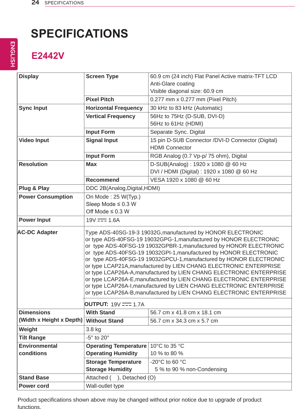 24ENGENGLISHSPECIFICATIONS  SPECIFICATIONS E2442VProduct specifications shown above may be changed without prior notice due to upgrade of product functions.Display Screen Type 60.9 cm (24 inch) Flat Panel Active matrix-TFT LCDAnti-Glare coatingVisible diagonal size: 60.9 cmPixel Pitch 0.277 mm x 0.277 mm (Pixel Pitch)Sync Input Horizontal Frequency 30 kHz to 83 kHz (Automatic)Vertical Frequency 56Hz to 75Hz (D-SUB, DVI-D)56Hz to 61Hz (HDMI)Input Form Separate Sync. DigitalVideo Input Signal Input 15 pin D-SUB Connector /DVI-D Connector (Digital)HDMI ConnectorInput Form RGB Analog (0.7 Vp-p/ 75 ohm), DigitalResolution Max D-SUB(Analog) : 1920 x 1080 @ 60 HzDVI / HDMI (Digital) : 1920 x 1080 @ 60 HzRecommend VESA 1920 x 1080 @ 60 HzPlug &amp; Play DDC 2B(Analog,Digital,HDMI)Power Consumption On Mode : 25 W(Typ.)Sleep Mode ≤ 0.3 W Off Mode ≤ 0.3 W Power InputDimensions(Width x Height x Depth) With Stand 56.7 cm x 41.8 cm x 18.1 cmWithout Stand 56.7 cm x 34.3 cm x 5.7 cmWeight 3.8 kgTilt Range -5° to 20°Environmentalconditions Operating TemperatureOperating Humidity 10°C to 35 °C10 % to 80 % Storage TemperatureStorage Humidity -20°C to 60 °C   5 % to 90 % non-CondensingStand Base Attached (    ), Detached (O)Power cord Wall-outlet type19V 1.6AAC-DC Adapter Type ADS-40SG-19-3 19032G,manufactured by HONOR ELECTRONICor type ADS-40FSG-19 19032GPG-1,manufactured by HONOR ELECTRONICor  type ADS-40FSG-19 19032GPBR-1,manufactured by HONOR ELECTRONICor  type ADS-40FSG-19 19032GPI-1,manufactured by HONOR ELECTRONIC or  type ADS-40FSG-19 19032GPCU-1,manufactured by HONOR ELECTRONIC or type LCAP21A,manufactured by LIEN CHANG ELECTRONIC ENTERPRISEor type LCAP26A-A,manufactured by LIEN CHANG ELECTRONIC ENTERPRISEor type LCAP26A-E,manufactured by LIEN CHANG ELECTRONIC ENTERPRISEor type LCAP26A-I,manufactured by LIEN CHANG ELECTRONIC ENTERPRISEor type LCAP26A-B,manufactured by LIEN CHANG ELECTRONIC ENTERPRISEOUTPUT: 19V 1.7A