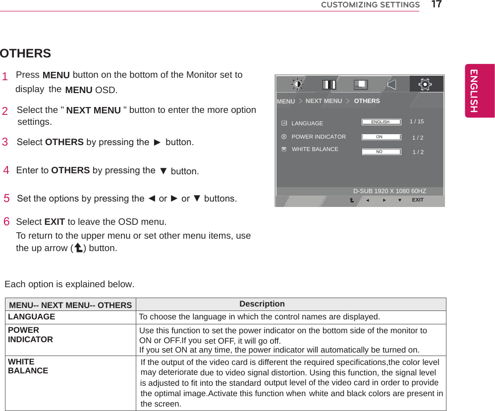 OTHERSEach option is explained below. NEXT MENU       OTHERSMENU ＞＞EXIT1 / 21 / 151 / 2WHITE BALANCEPOWER INDICATORLANGUAGEAWONNOENGLISHD-SUB 1920 X 1080 60HZ12 SelectOTHERSbypressingthe► button.4EntertoOTHERSbypressingthe ▼button.56 3 Select EXIT to leave the OSD menu.To return to the upper menu or set other menu items, use the up arrow ( ) button.Select the &quot;                       &quot; button to enter the more option settings. Press MENU    button on the bottom of the Monitor set to display  the MENU OSD.  Settheoptionsbypressingthe◄or►or▼buttons.17ENGENGLISHCUSTOMIZING SETTINGSMENU-- NEXT MENU-- OTHERS DescriptionLANGUAGE To choose the language in which the control names are displayed.POWERINDICATOR Use this function to set the power indicator on the bottom side of the monitor to ON or OFF.If you set OFF, it will go off.If you set ON at any time, the power indicator will automatically be turned on.WHITEBALANCE If the output of the video card is different the required specifications,the color levelmay deteriorate due to video signal distortion. Using this function, the signal level output level of the video card in order to provide white and black colors are present in is adjusted to fit into the standard the optimal image.Activate this function when the screen.NEXT MENU                     