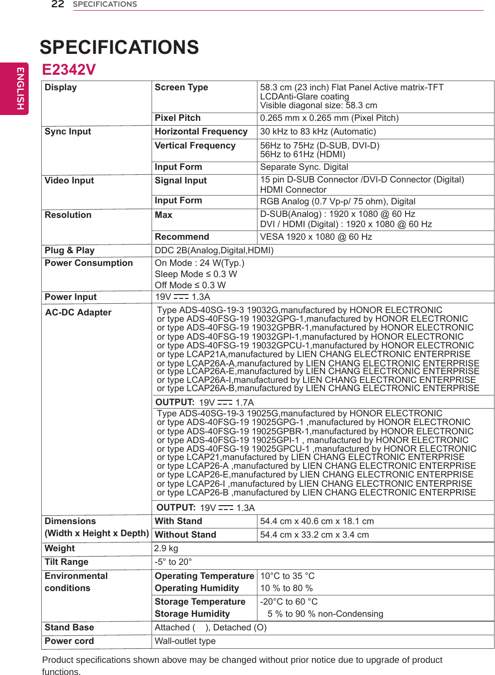 Product specifications shown above may be changed without prior notice due to upgrade of product functions.22ENGENGLISHSPECIFICATIONSSPECIFICATIONSDisplay Screen Type 58.3 cm (23 inch) Flat Panel Active matrix-TFT LCDAnti-Glare coatingVisible diagonal size: 58.3 cmPixel Pitch 0.265 mm x 0.265 mm (Pixel Pitch)Sync Input Horizontal Frequency 30 kHz to 83 kHz (Automatic)Vertical Frequency 56Hz to 75Hz (D-SUB, DVI-D)56Hz to 61Hz (HDMI)Input Form Separate Sync. DigitalVideo Input Signal Input 15 pin D-SUB Connector /DVI-D Connector (Digital)HDMI ConnectorInput Form RGB Analog (0.7 Vp-p/ 75 ohm), DigitalResolution Max D-SUB(Analog) : 1920 x 1080 @ 60 HzDVI / HDMI (Digital) : 1920 x 1080 @ 60 HzRecommend VESA 1920 x 1080 @ 60 HzPlug &amp; Play DDC 2B(Analog,Digital,HDMI)Power Consumption On Mode : 24 W(Typ.)Sleep Mode ≤ 0.3 W Off Mode ≤ 0.3 W Power InputDimensions(Width x Height x Depth)With Stand 54.4 cm x 40.6 cm x 18.1 cmWithout Stand 54.4 cm x 33.2 cm x 3.4 cmWeight                                2.9 kgTilt Range -5° to 20°EnvironmentalconditionsOperating TemperatureOperating Humidity10°C to 35 °C10 % to 80 % Storage TemperatureStorage Humidity-20°C to 60 °C   5 % to 90 % non-CondensingStand Base Attached (    ), Detached (O)Power cord Wall-outlet typeE2342V19V 1.3AAC-DC Adapter Type ADS-40SG-19-3 19032G,manufactured by HONOR ELECTRONICor type ADS-40FSG-19 19032GPG-1,manufactured by HONOR ELECTRONICor type ADS-40FSG-19 19032GPBR-1,manufactured by HONOR ELECTRONICor type ADS-40FSG-19 19032GPI-1,manufactured by HONOR ELECTRONIC or type ADS-40FSG-19 19032GPCU-1,manufactured by HONOR ELECTRONIC or type LCAP21A,manufactured by LIEN CHANG ELECTRONIC ENTERPRISEor type LCAP26A-A,manufactured by LIEN CHANG ELECTRONIC ENTERPRISEor type LCAP26A-E,manufactured by LIEN CHANG ELECTRONIC ENTERPRISEor type LCAP26A-I,manufactured by LIEN CHANG ELECTRONIC ENTERPRISEor type LCAP26A-B,manufactured by LIEN CHANG ELECTRONIC ENTERPRISEOUTPUT: 19V 1.7AType ADS-40SG-19-3 19025G,manufactured by HONOR ELECTRONICor type ADS-40FSG-19 19025GPG-1 ,manufactured by HONOR ELECTRONICor type ADS-40FSG-19 19025GPBR-1,manufactured by HONOR ELECTRONICor type ADS-40FSG-19 19025GPI-1 , manufactured by HONOR ELECTRONIC or type ADS-40FSG-19 19025GPCU-1 ,manufactured by HONOR ELECTRONIC or type LCAP21,manufactured by LIEN CHANG ELECTRONIC ENTERPRISEor type LCAP26-A ,manufactured by LIEN CHANG ELECTRONIC ENTERPRISEor type LCAP26-E,manufactured by LIEN CHANG ELECTRONIC ENTERPRISEor type LCAP26-I ,manufactured by LIEN CHANG ELECTRONIC ENTERPRISEor type LCAP26-B ,manufactured by LIEN CHANG ELECTRONIC ENTERPRISEOUTPUT: 19V 1.3A