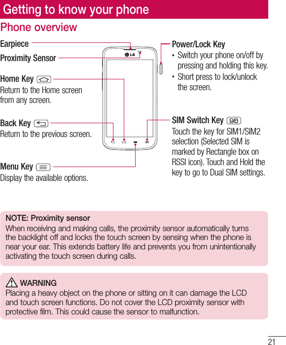 21Phone overviewProximity SensorEarpieceSIM Switch Key Touch the key for SIM1/SIM2 selection (Selected SIM is marked by Rectangle box on RSSI icon). Touch and Hold the key to go to Dual SIM settings.Home Key Return to the Home screen from any screen.Back Key Return to the previous screen.Menu Key Display the available options.Power/Lock Key• Switch your phone on/off by pressing and holding this key.• Short press to lock/unlock the screen.NOTE: Proximity sensorWhen receiving and making calls, the proximity sensor automatically turns the backlight off and locks the touch screen by sensing when the phone is near your ear. This extends battery life and prevents you from unintentionally activating the touch screen during calls. WARNINGPlacing a heavy object on the phone or sitting on it can damage the LCD and touch screen functions. Do not cover the LCD proximity sensor with protective film. This could cause the sensor to malfunction.Getting to know your phone